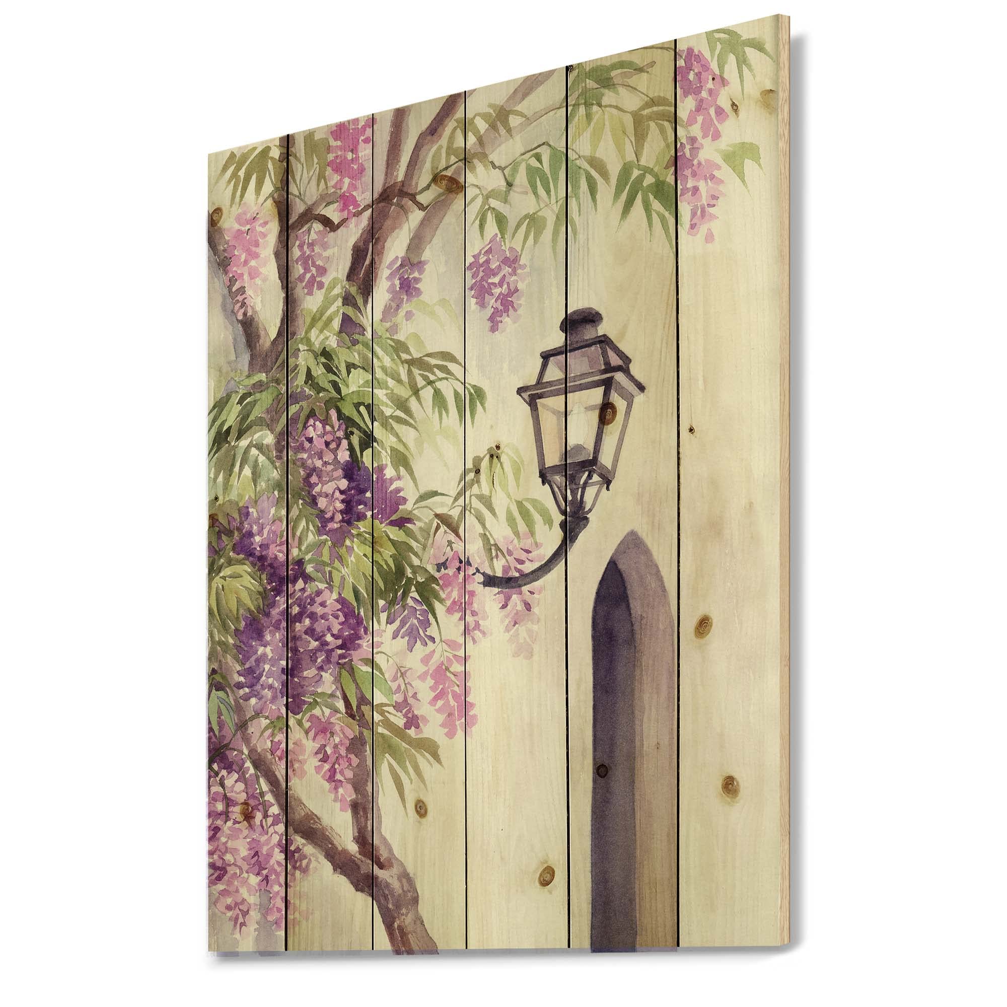 DesignQ Wisteria & Lantern Traditional Wood Wall Decor - Purple Floral Wood Art Panel, Large Pine Wood Wall Hanging for Home & Office Decoration | Perfect for Living Room, Bedroom, Dining Area & Entryway