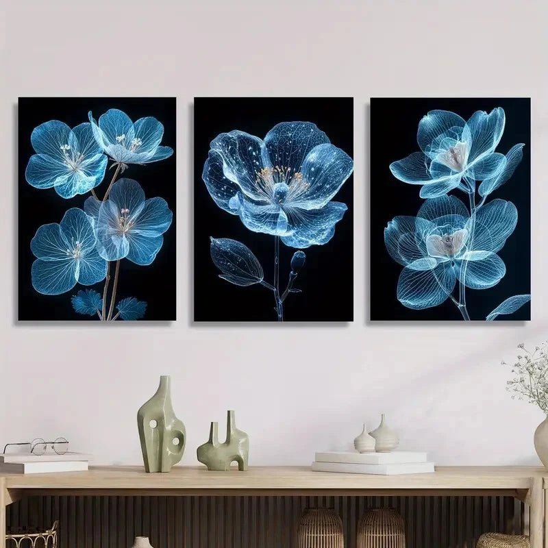 3-Piece Bright Blue Flower Metal Print Wall Art - Ready to Hang Canvas Painting for Living Room, Bedroom & Office Decor