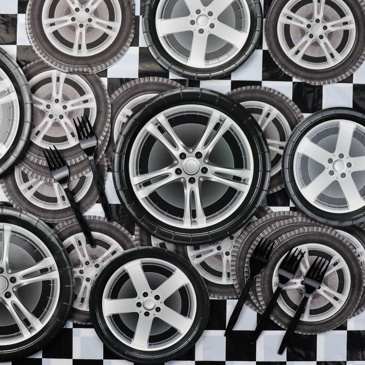 **81Pcs Racing Car Birthday Party Decorations Set - Car Wheel Plates, Tire Napkins, Forks & Checkered Tablecloth for Kids' Racing Themed Party (Serves 20) - Perfect for Birthday Celebrations, Sports Events & Themed Decor**