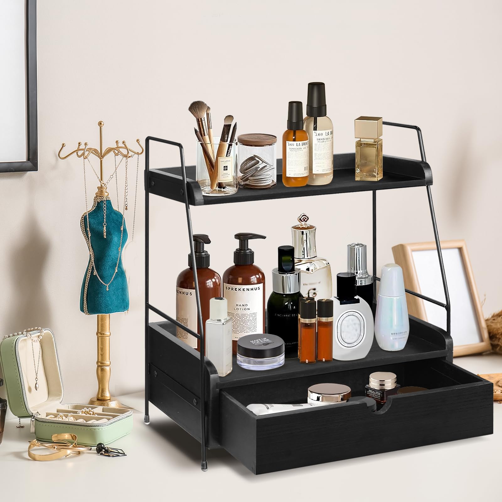 2-Tier Wooden Bathroom Countertop Organizer with Drawer - Space Saving Storage Shelf for Bathroom, Kitchen, Vanity | Perfect for Cosmetics, Toiletries & Decorative Display (Black)
