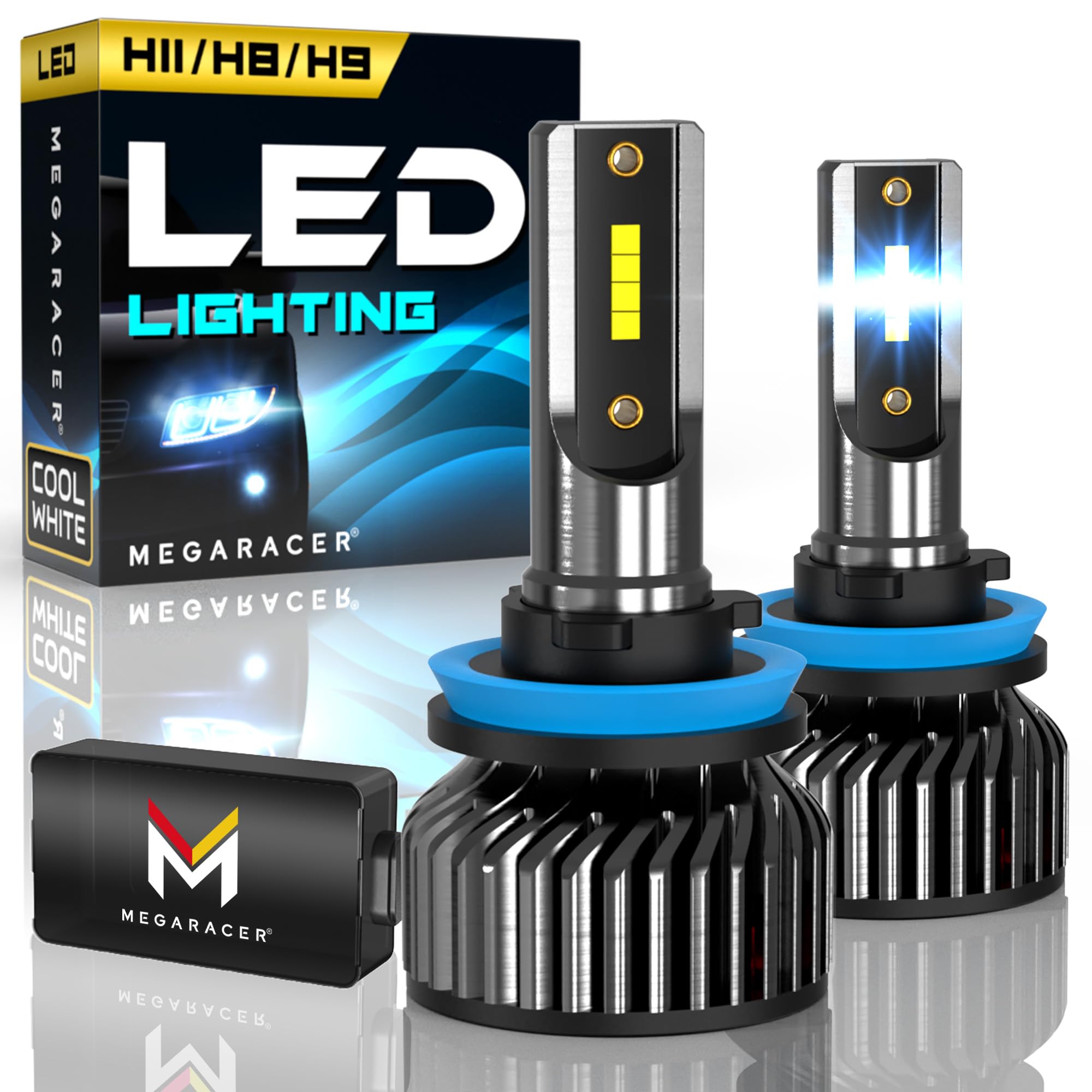 Mega Racer H11 H8 H9 LED Bulbs - 800% Brighter 6500K Cool White Fog Lights for Cars - Plug and Play Direct Replacement - Pack of 2 - Perfect for Night Driving and Bad Weather Conditions