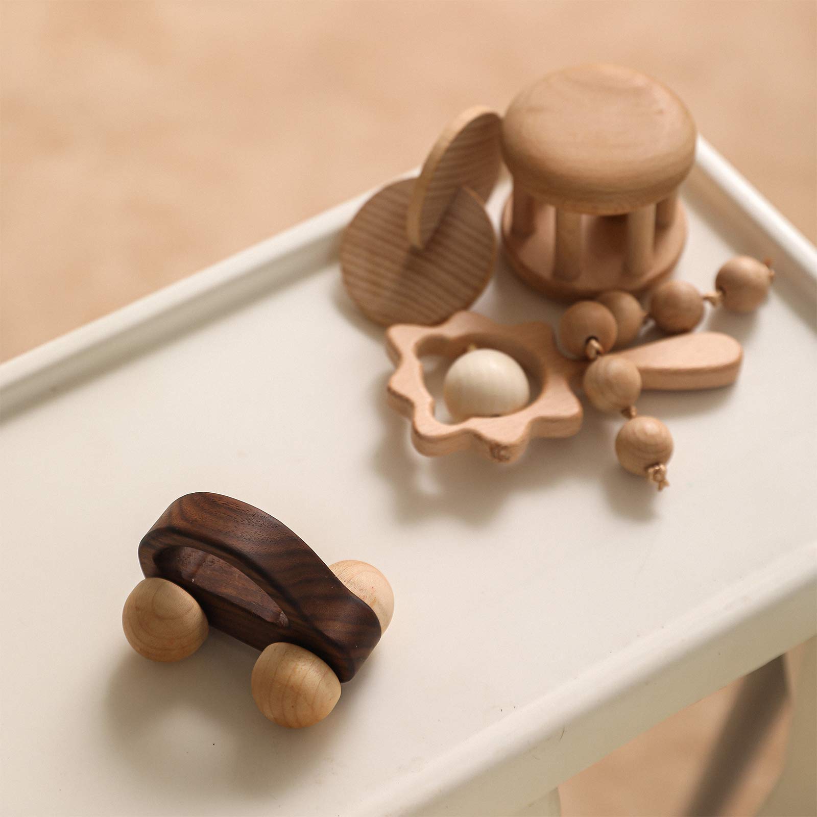 Montessori Wooden Baby Toys Set for 0-6 Months - Wooden Rattles, Grasping Toys, Push Car, Handbells, Interlocking Discs - Perfect Newborn Infant Gifts for Sensory Play & Early Learning