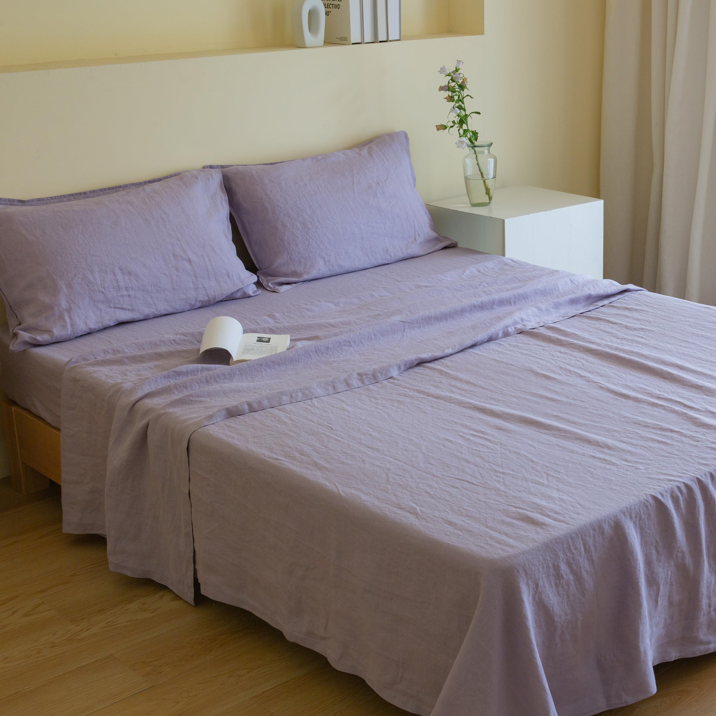 Premium 100% French Linen Sheet Set King Size 4-Piece - Natural Breathable Soft Durable All-Season Bedding - Luxury Lilac Bed Sheets for Master Bedroom & Guest Room Comfort