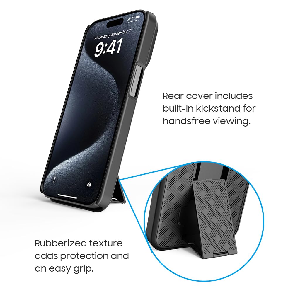 Aduro iPhone 15 Pro Case with Kickstand & Holster - Slim Protective Shell & Swivel Belt Clip - Built-in Stand for Apple iPhone 15 Pro (6.1