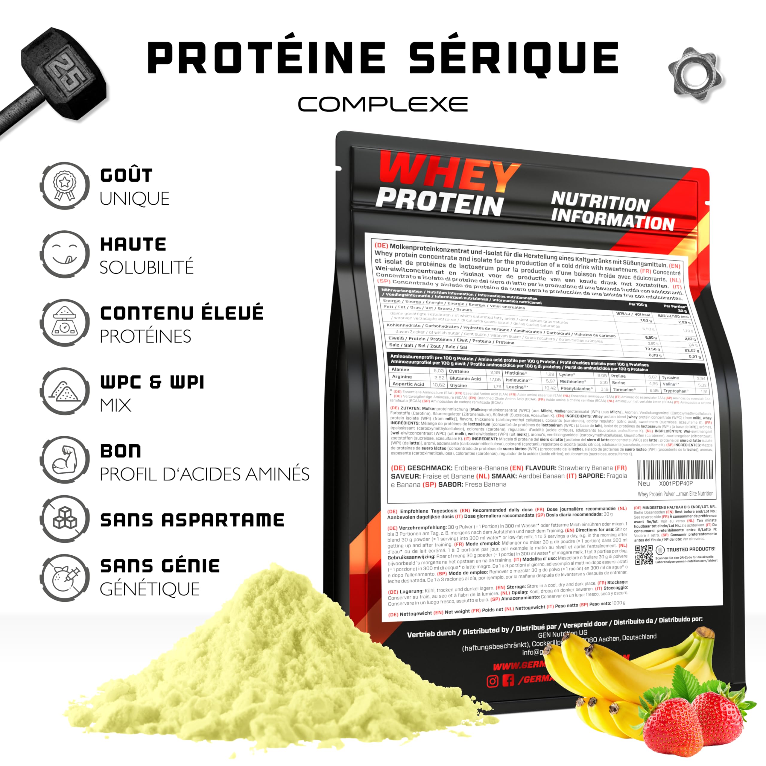 Premium Whey Protein Complex Powder - 1000g (Strawberry Banana Flavor) with Isolate - Fast Dissolving BCAA & EAA Supplement for Muscle Recovery - German Elite Nutrition - Ideal for Post-Workout, Weight Training & Fitness Enthusiasts