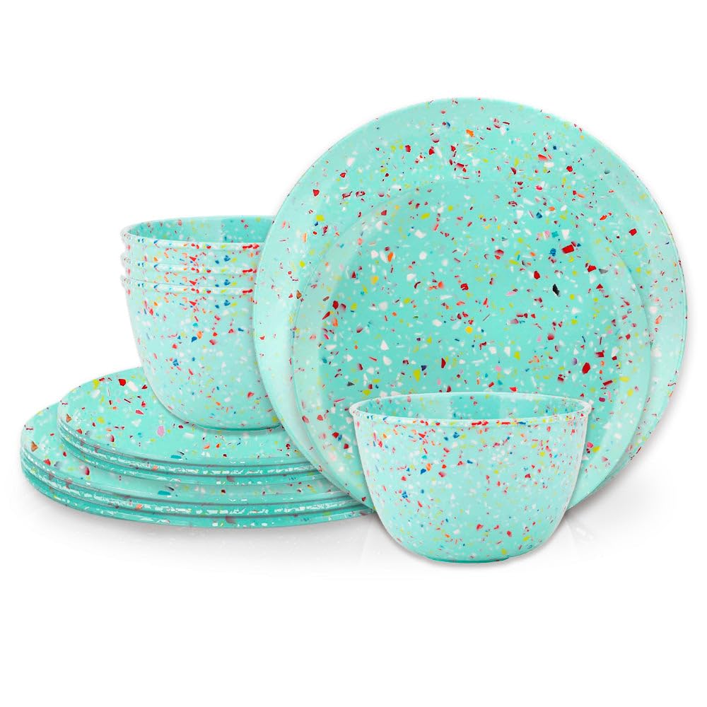 Zak Designs 12-Piece Melamine Dinnerware Set for 4 - Durable & Lightweight Confetti Mint Green Plates & Bowls | Perfect for Outdoor Dining, Picnics & Casual Entertaining