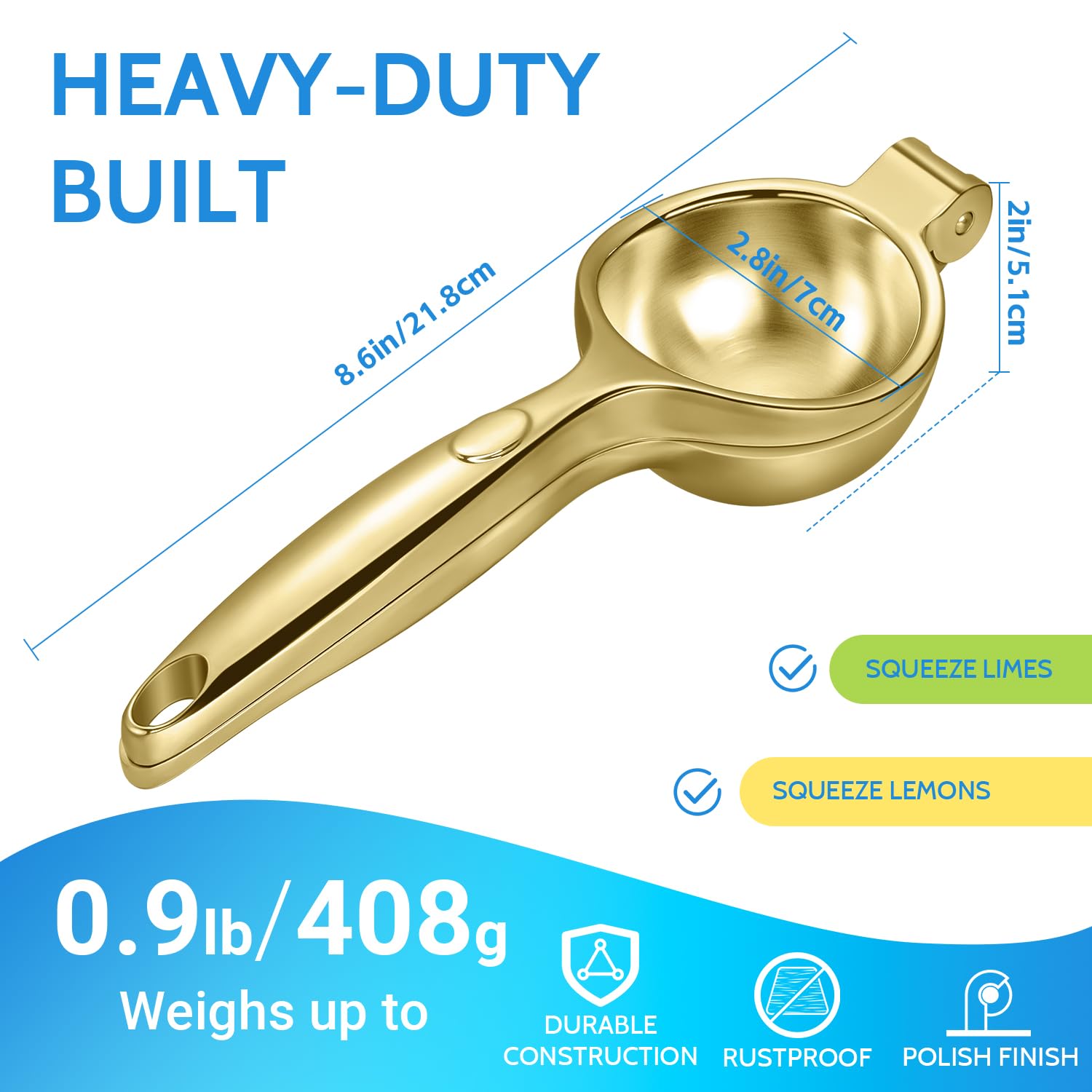 Premium Heavy Duty Lemon Squeezer - Stainless Steel Lime & Citrus Juicer Press for Fast, Seedless Juicing - Perfect for Cocktails, Lemonade & Cooking (Gold)