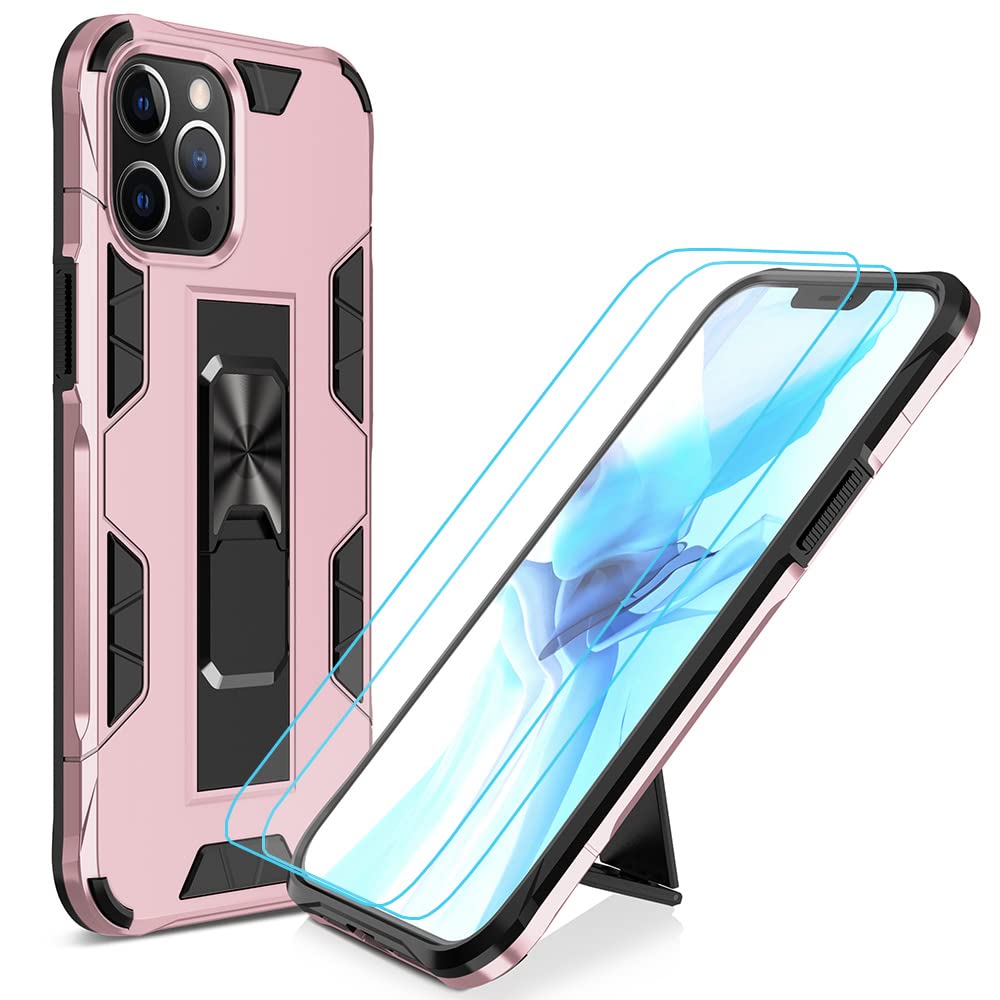 Military Grade Shockproof iPhone 12 Pro Max Case with Built-in Kickstand & Magnetic Car Mount | Tempered Glass Screen Protector Included | Rose Gold Protective Phone Cover for Work, Travel & Outdoor Activities