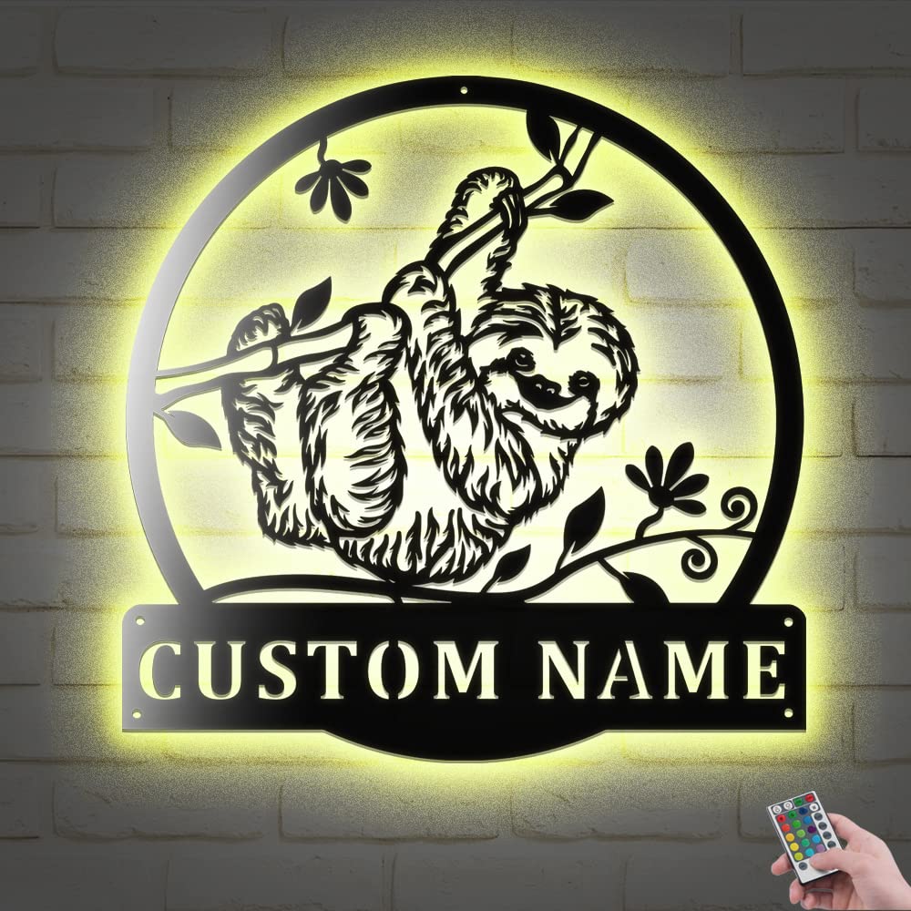 Custom Personalized Sloth LED Wall Art - 12x12 Inch Metal Name Sign with Lights for Home Decor | Unique Sloth Lover Gift for Father's Day, Bedroom, Nursery & Outdoor Spaces