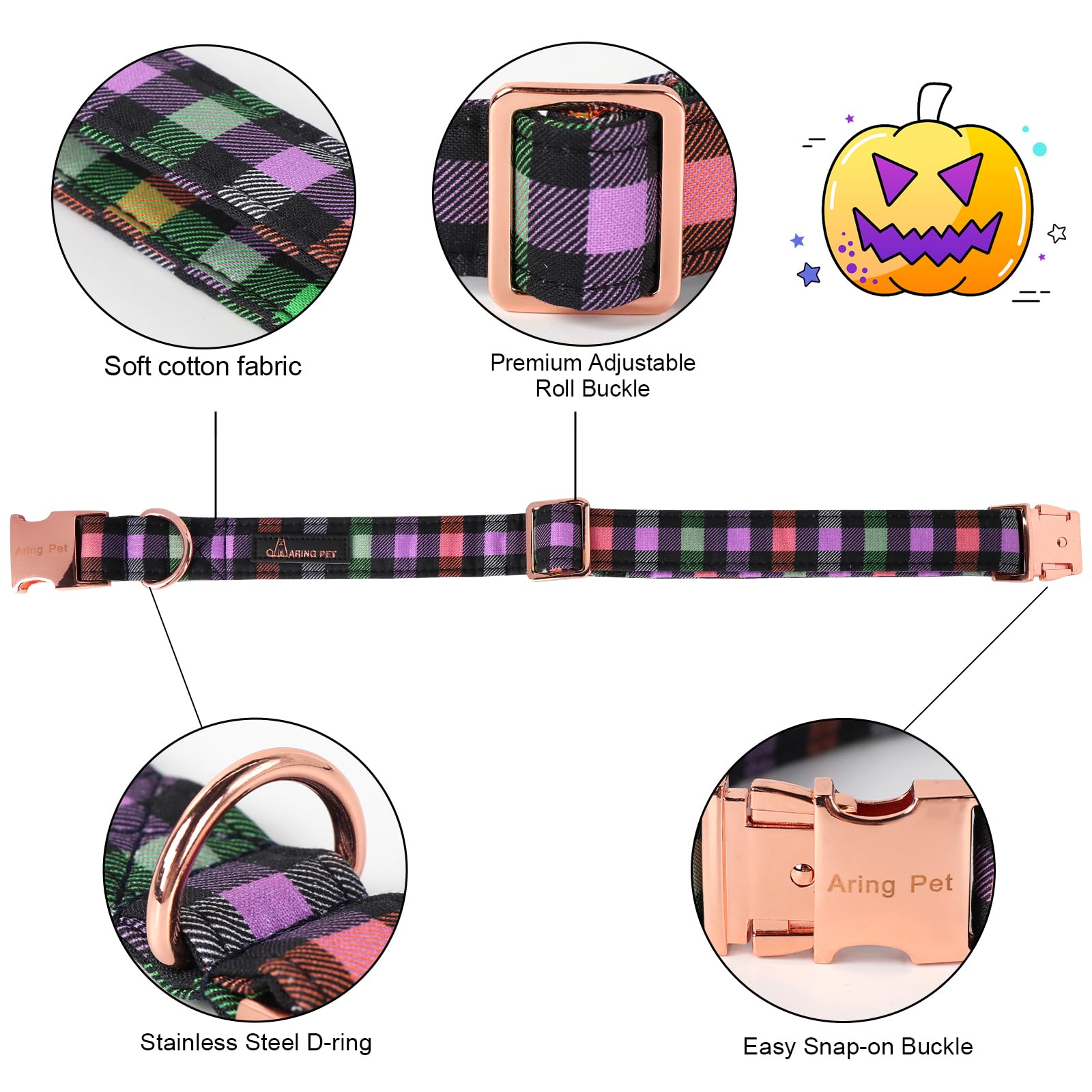 ARING PET Halloween Dog Collar - Adjustable Cotton Plaid Dog Collar with Flower & Metal Buckle for Small Medium Dogs | Cute Fall & Halloween Costume Accessory for Girl Puppies