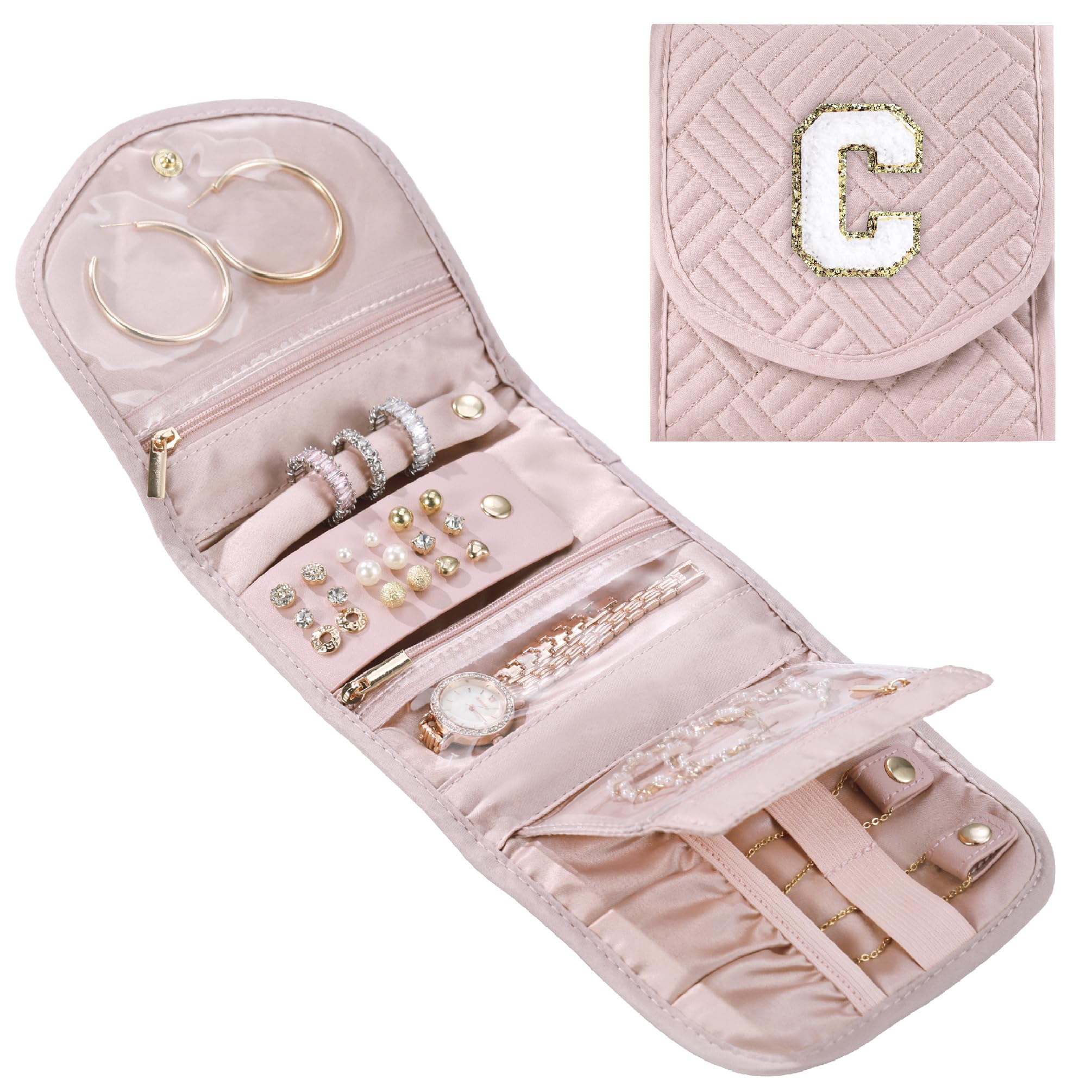 Personalized Initial C Jewelry Travel Case for Women - Foldable Compact Jewelry Organizer Pouch, Perfect Christmas Gift & Travel Essential Accessory - Ideal for Vacations, Business Trips and Daily Use