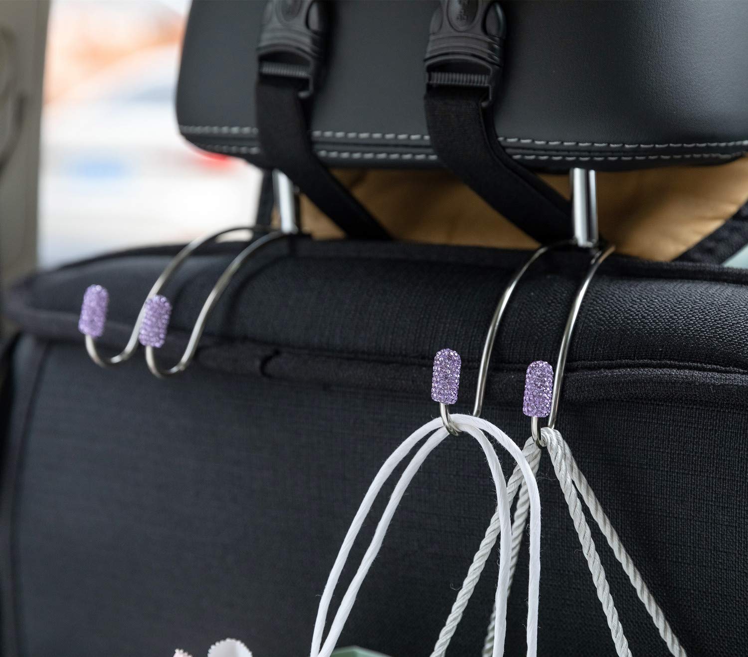 JOJOY LUX 2 Pack Car Seat Back Organizers with Bling Diamond Design - Universal Headrest Hooks & Hangers for Auto Backseat Storage - Heavy Duty Bag Organizer Rack (Light Purple) - Perfect for Road Trips, Family Travel & Daily Commute