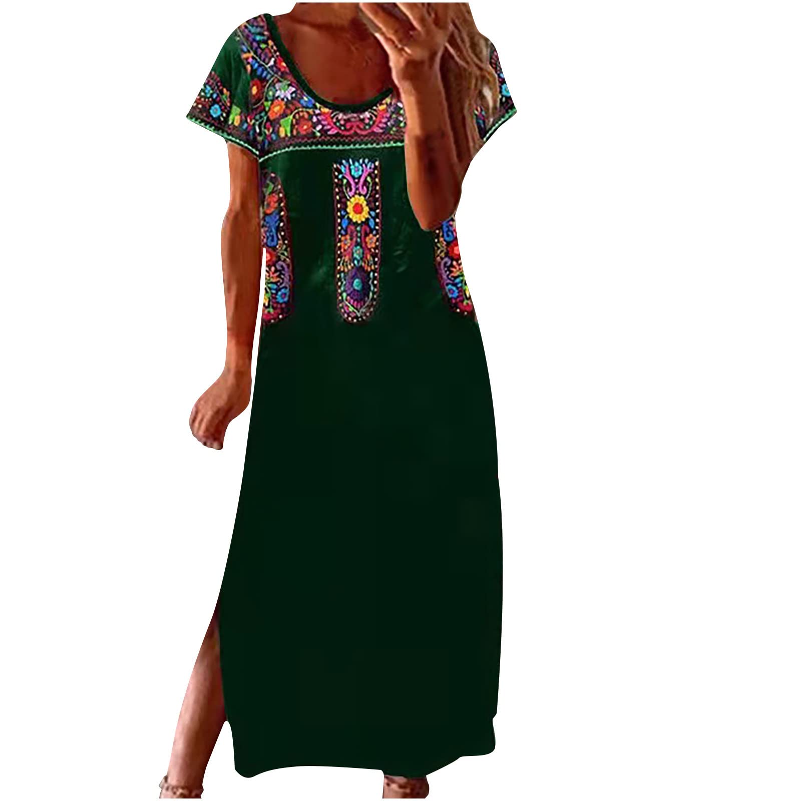 Women's Vintage Print Summer Vacation Dress - Casual Round Neck Short Sleeve Long Dress for Beach, Travel & Outdoor Activities