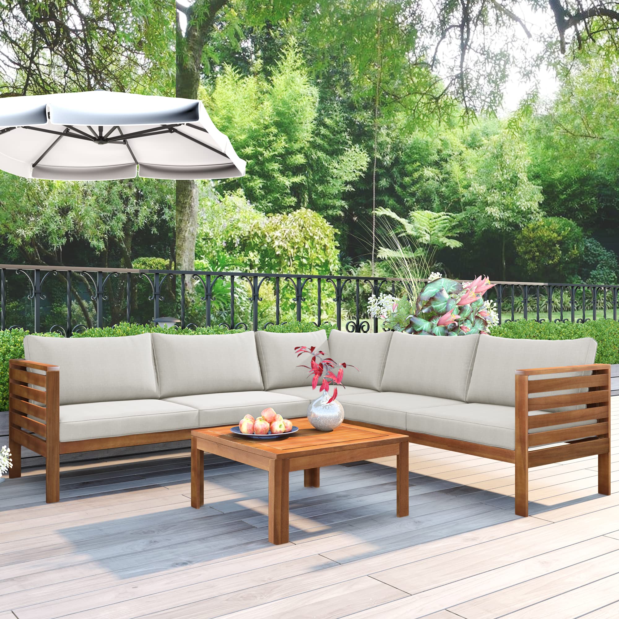XD Designs 4-Piece Outdoor Patio Furniture Set - Acacia Wood Sectional Sofa with Beige Cushions, Coffee Table & Conversation Set for Backyard, Garden, Poolside or Deck Relaxation