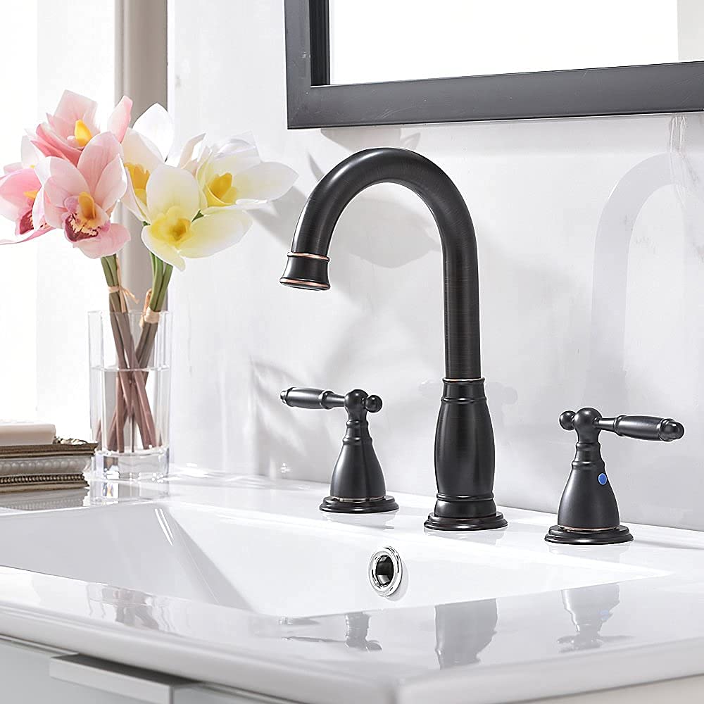 8 Inch 3 Hole Widespread Bathroom Faucet with Metal Pop Up Drain - Modern Matte Black Lavatory Sink Faucet by PHIESTINA | Perfect for Bathroom Renovation & Vanity Upgrade