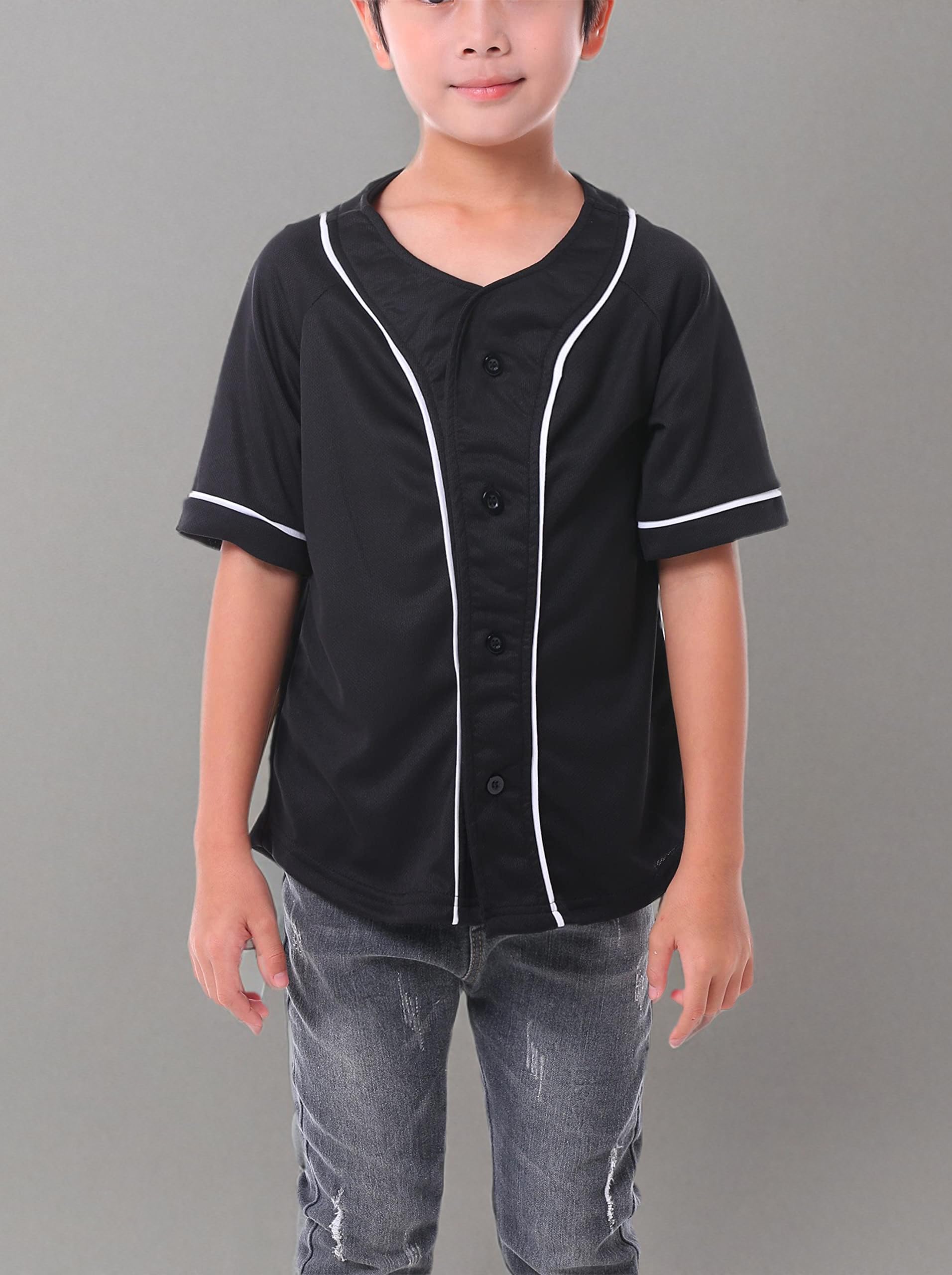 **Trendy Kids Baseball Jersey Button-Up T-Shirt - Boys & Girls Hip Hop Short Sleeve Tee - Black & White Baseball Shirt for Sports, Casual Wear & Street Style**
