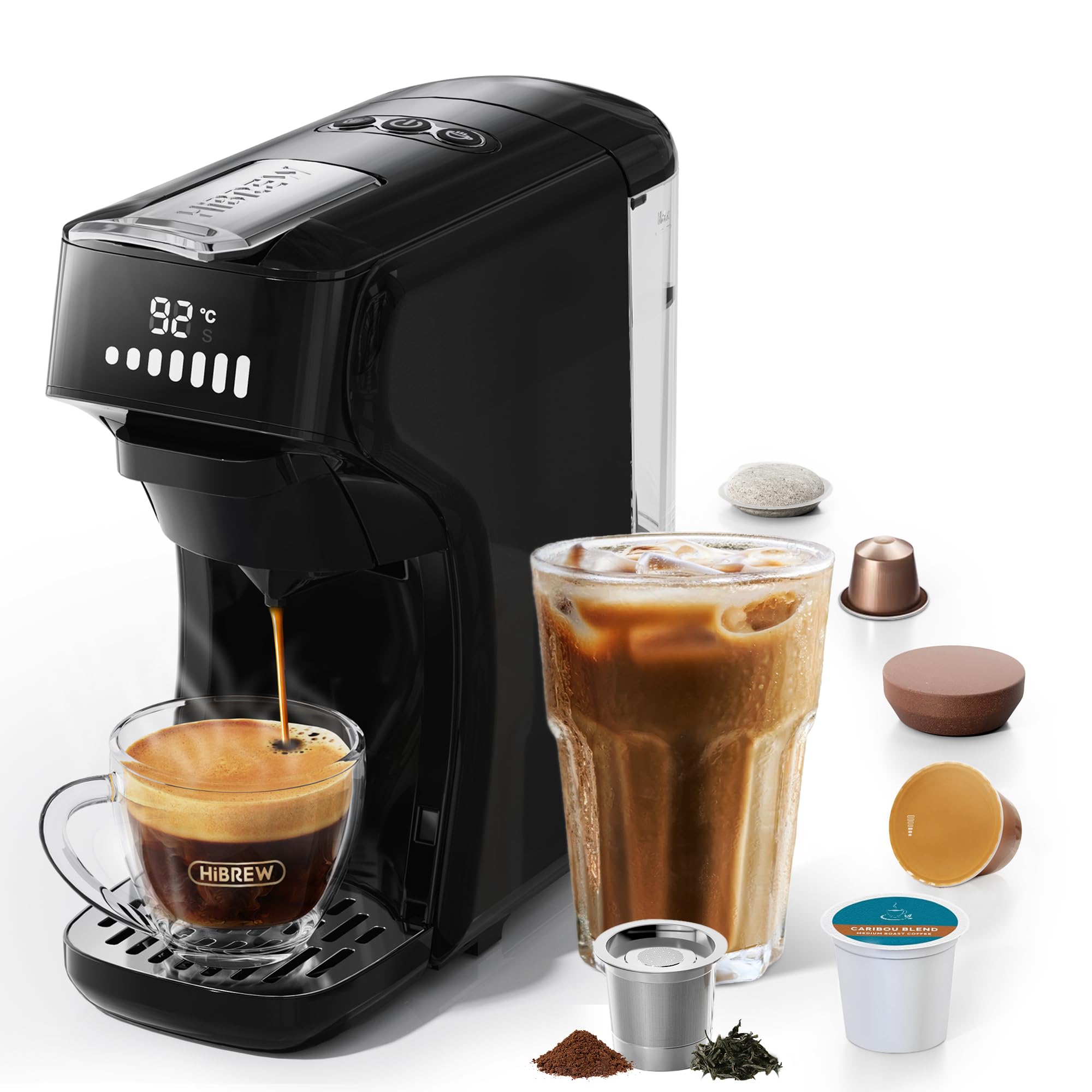 HiBREW H1B 6-in-1 Coffee Pod Machine | 19 Bar Espresso Maker for K-Cup, Nespresso & DG Pods | Brews Hot & Iced Coffee | Perfect for Home, Office & Small Spaces (Black)