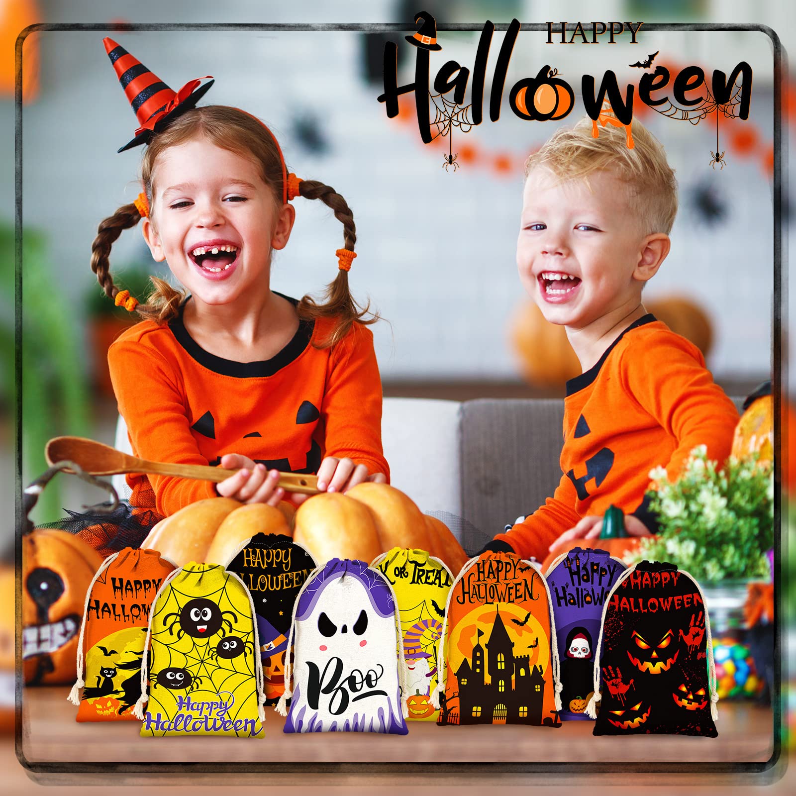 24-Piece Halloween Drawstring Gift Bags 4x6 Inches - 8 Styles Halloween Party Favors, Trick or Treat Bags for Kids - Perfect for Classroom Treats, Halloween Party Supplies & Goodie Bags