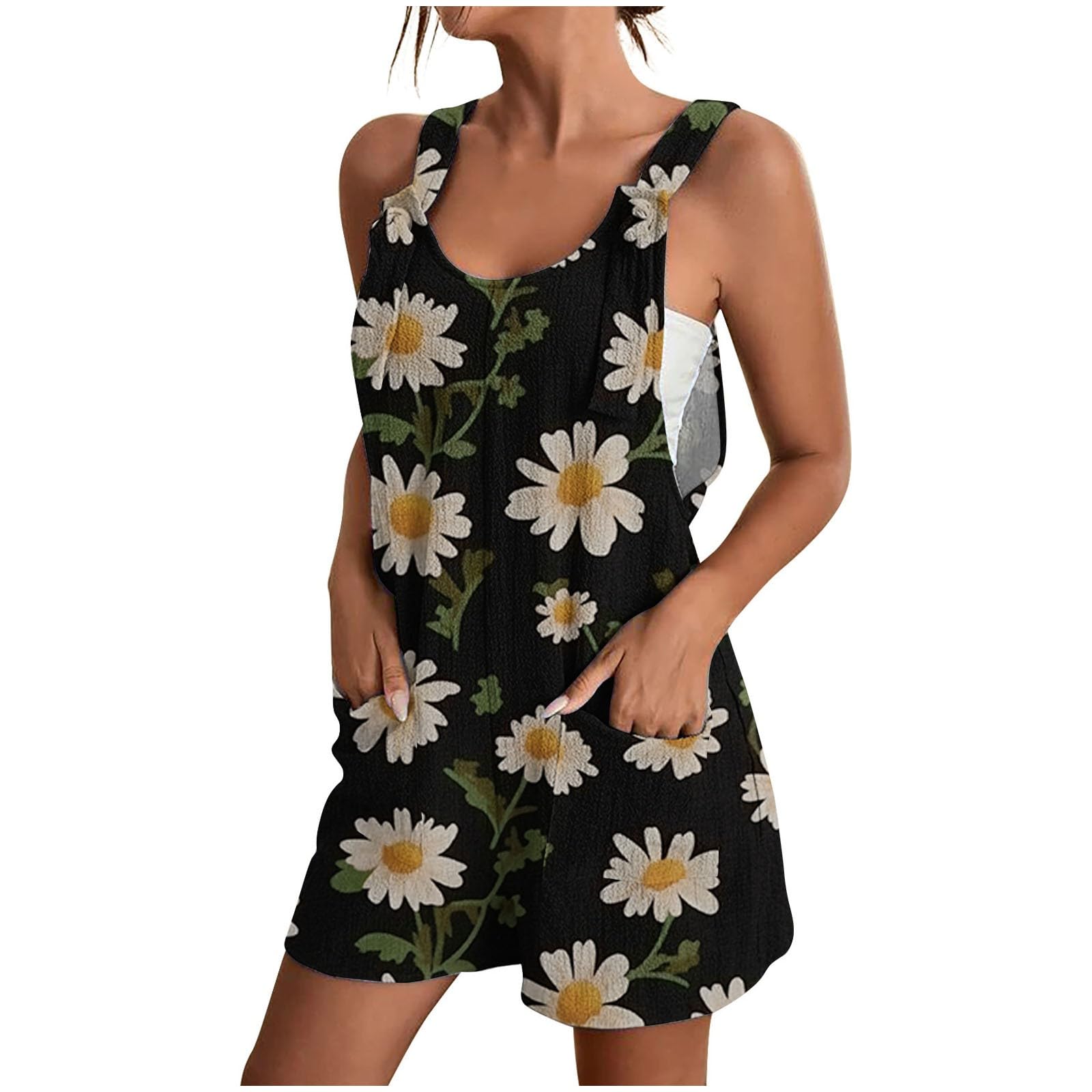 Women's Daisy Print Romper - Sleeveless Summer Jumpsuit with Pockets | Casual Floral Mini Overalls One Piece Outfit for Beach, Vacation & Outdoor Activities