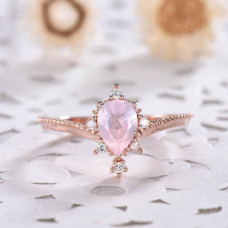 0.8CT Pear Cut Rose Quartz Engagement Ring - 14K Rose Gold Milgrain Band, Vintage Style for Women | Perfect for Proposals, Anniversaries & Romantic Occasions