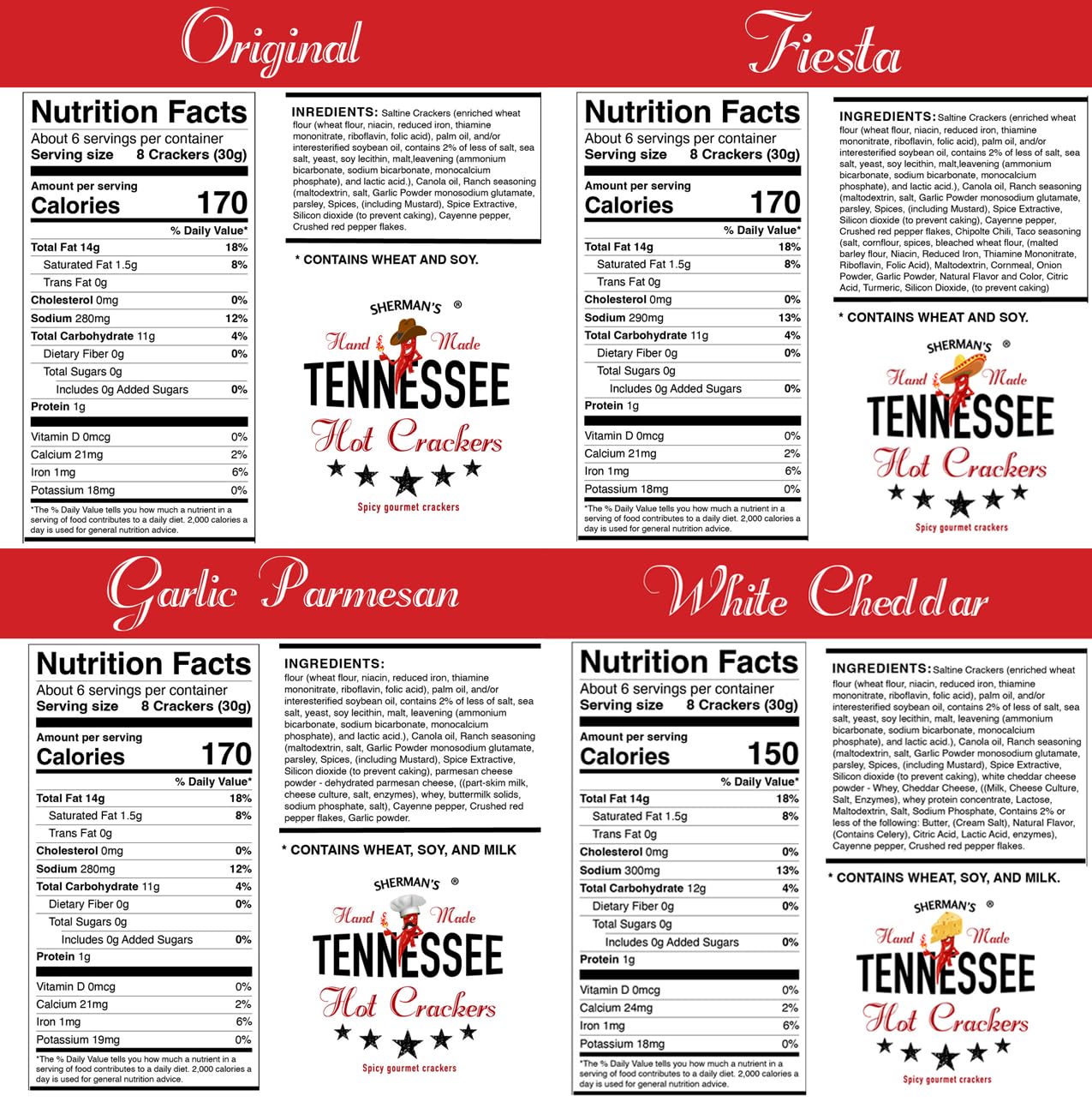 Sherman's Tennessee Hot Crackers - Spicy Snack Crackers Variety Pack (4 Flavors: Original, Fiesta, Garlic Parmesan, White Cheddar) - Perfect for Parties, Game Nights & Office Snacks