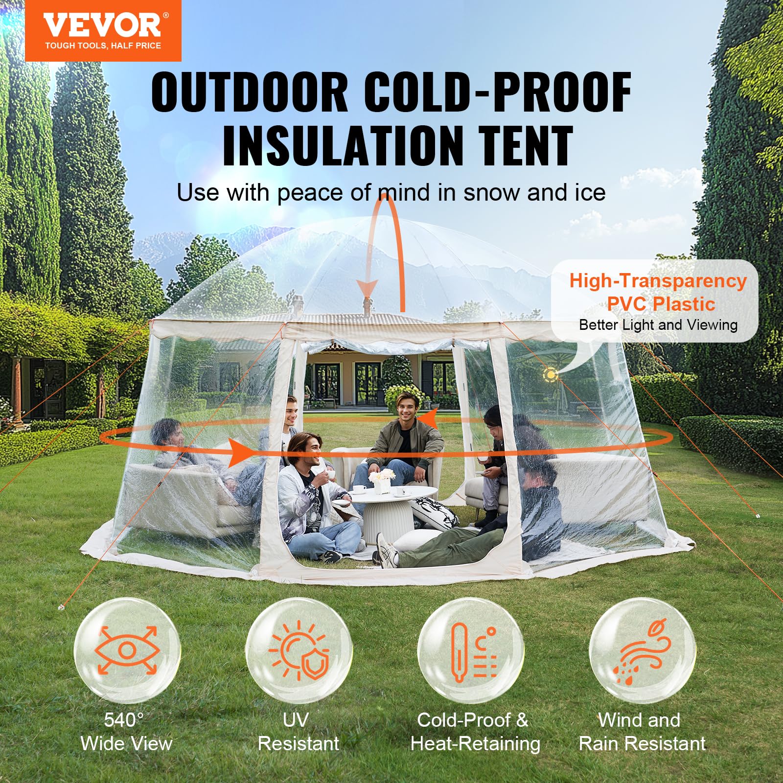 VEVOR Upgraded 15x13.8ft Large Pop-Up Bubble Tent for 12-15 People - Easy Assembly Clear Weatherproof Outdoor Shelter for Soccer, Football, Softball, Picnics, Camping, and Backyard Parties