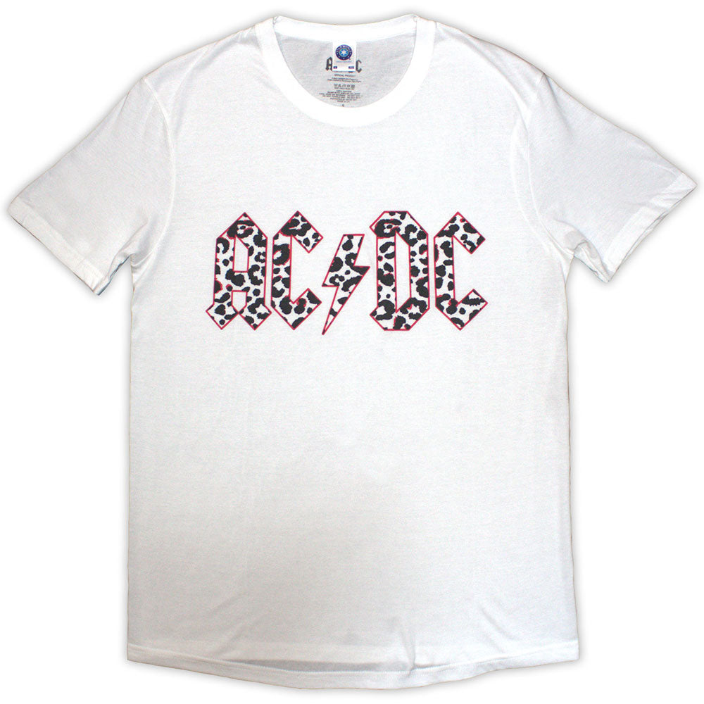 Women's AC/DC Band Graphic T-Shirt - Black Mono Leopard Print Logo Tee for Concerts, Casual Wear & Rock Music Fans