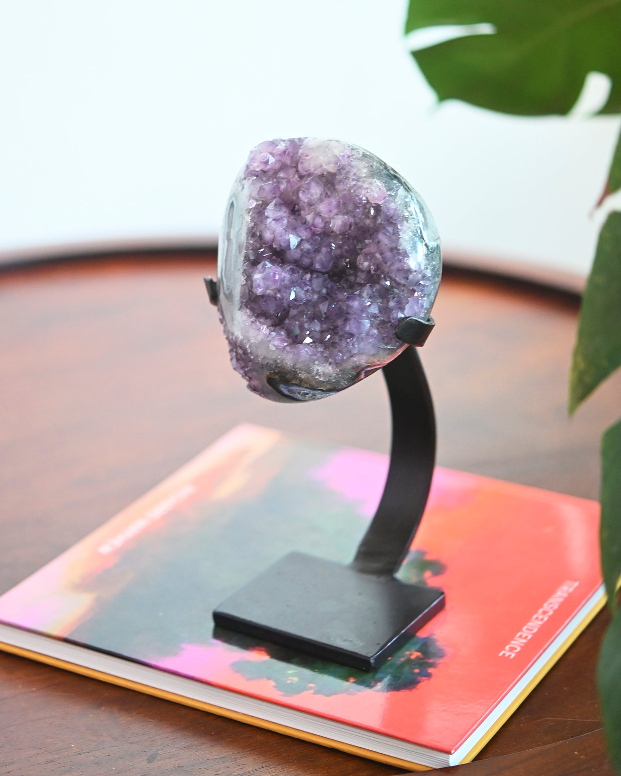 Natural Banded Agate & Amethyst Crystal Geode on Wooden Stand - 2.6 lbs Healing Stone for Home Decor, Meditation & Spiritual Gifts