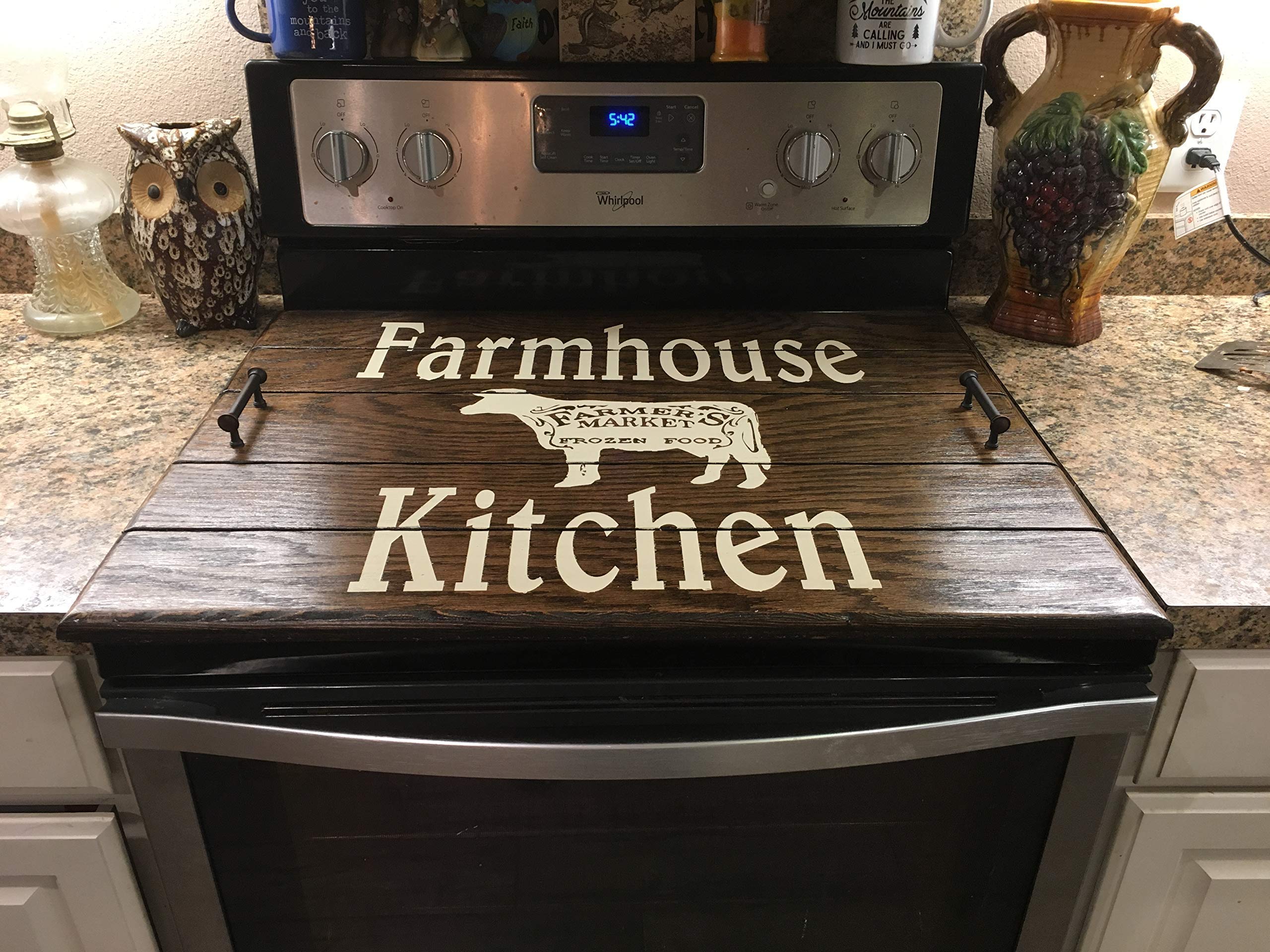 Farmhouse Cow Stovetop Cover - Distressed Wooden Serving Tray & Custom Kitchen Decor for Rustic Homes - Perfect for Stove Protection & Charming Farmhouse Style Kitchen Decor