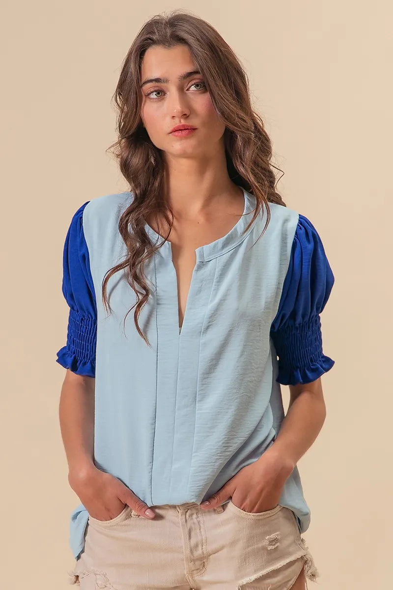 BiBi Air Flow Color Block Puff Sleeves V Neck Top - Breathable Summer Blouse for Women, Fashionable Casual Wear for Outings & Dates