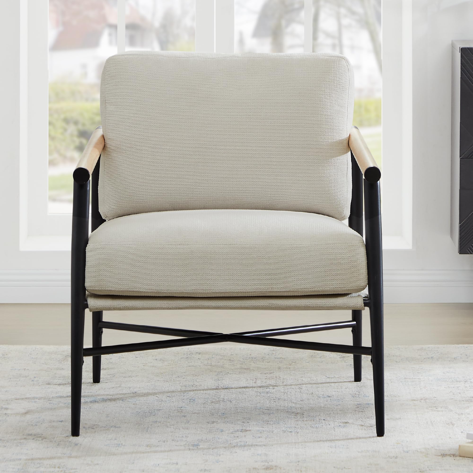 Watson & Whitely Mid Century Modern Accent Chair - Upholstered Lounge Armchair with Sturdy Metal Frame & Wooden Armrests - Comfortable Reading Chair for Living Room, Bedroom, Office - Perfect for Relaxing, Reading & Home Decor (White)