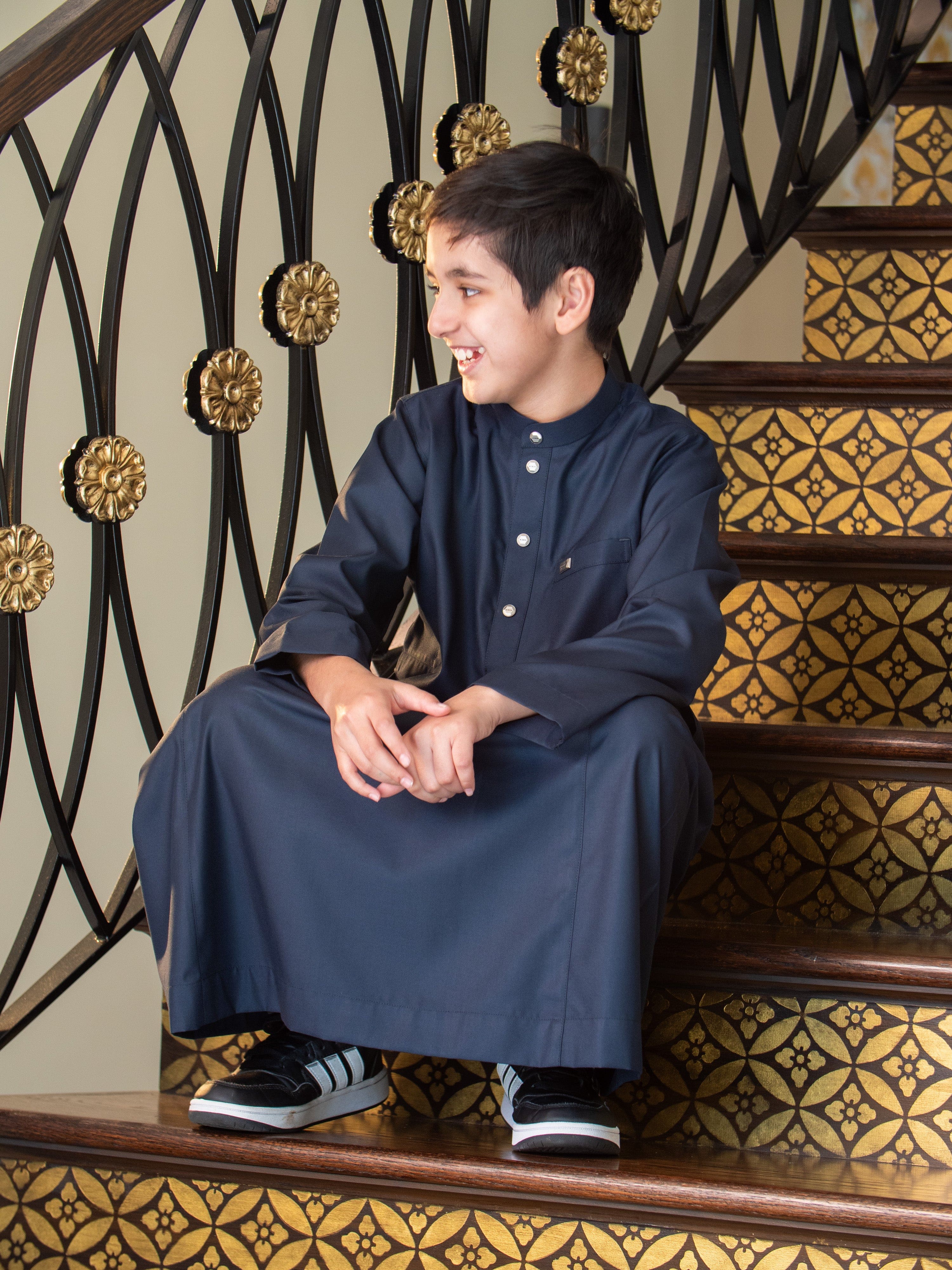 Kids Thobe 110B Navy Blue - Traditional Islamic Dress for Father & Son - Perfect for Eid, Weddings & Family Gatherings