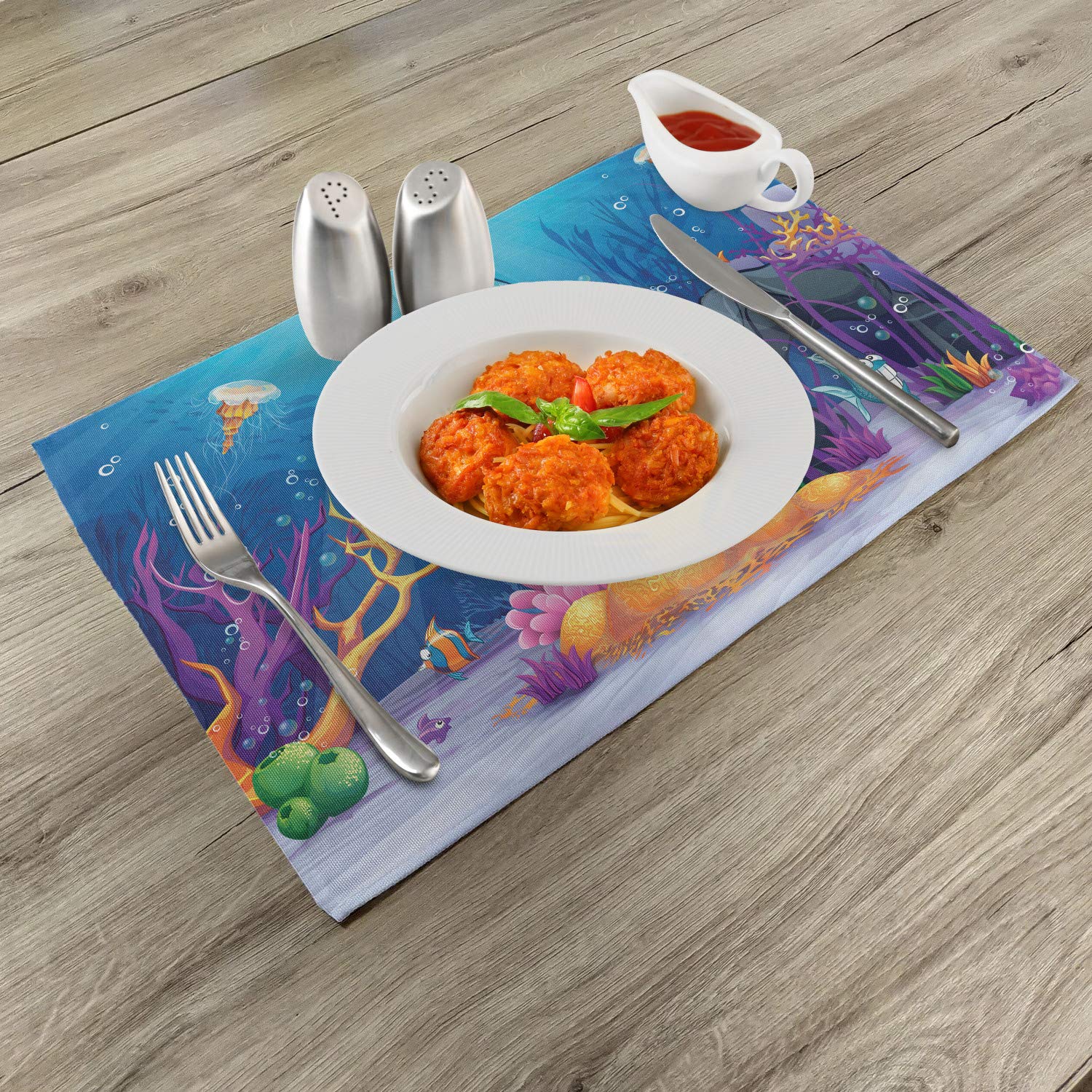 Ambesonne Ocean Themed Place Mats Set of 4 - Sealife Navy Fish, Moss Shells & Sunbeams Cartoon Print Washable Fabric Placemats for Dining Table Decor | Perfect for Beach House, Coastal Kitchen or Nautical Themed Parties