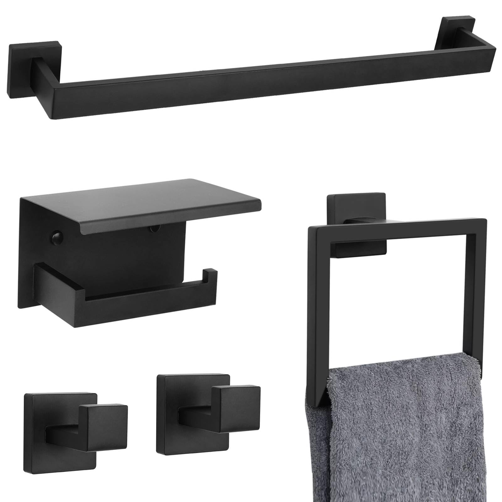 5-Piece Black Stainless Steel Bathroom Towel Bar Set - Wall Mounted Toilet Paper Holder with Shelf & Towel Rack - Modern Bathroom Hardware Accessories for Home, Hotel & Spa Decor