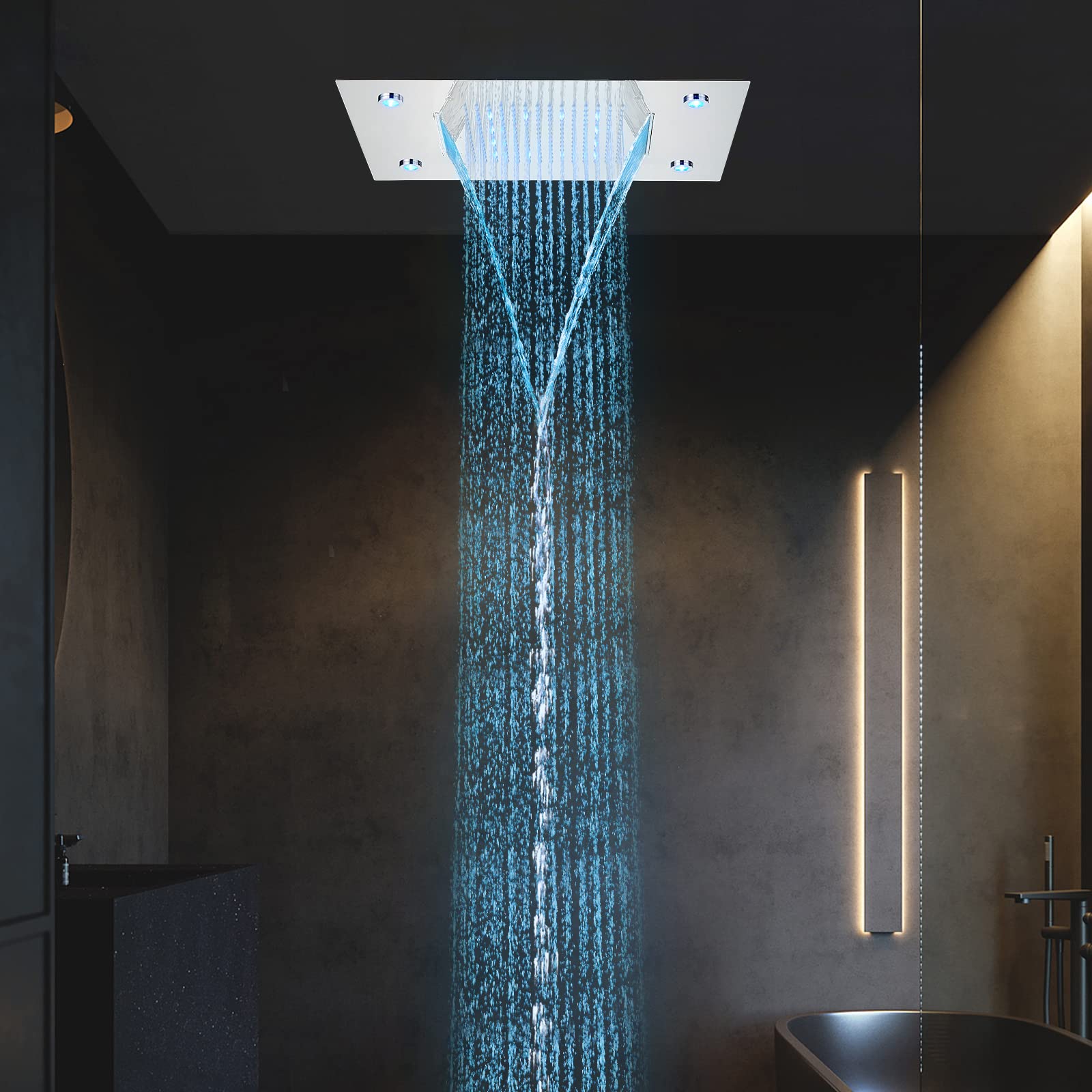 Suguword 20 X 14 Inch LED Square Rain Shower Head - High Pressure Ceiling Mounted Bathroom Shower System with Waterfall Rainfall Function, Chrome Finish for Luxurious Spa-Like Experience at Home