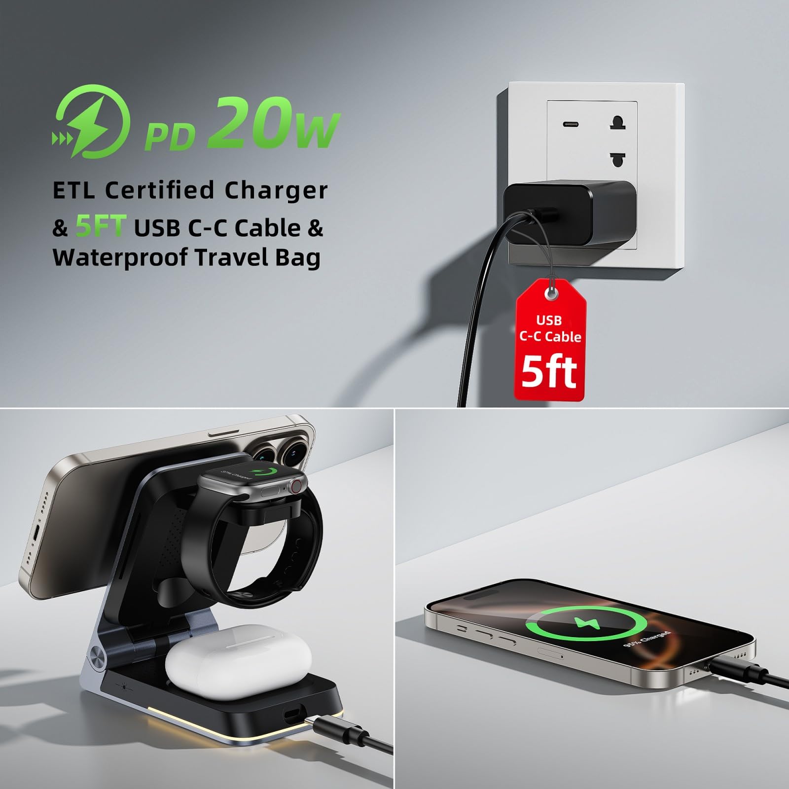 3-in-1 Foldable Aluminum Wireless Charging Station with MagSafe - Fast Charging for iPhone 16/15/14 Series, Apple Watch & AirPods - Includes PD 20W Adapter & Travel Case - Perfect for Home, Office & Travel Use