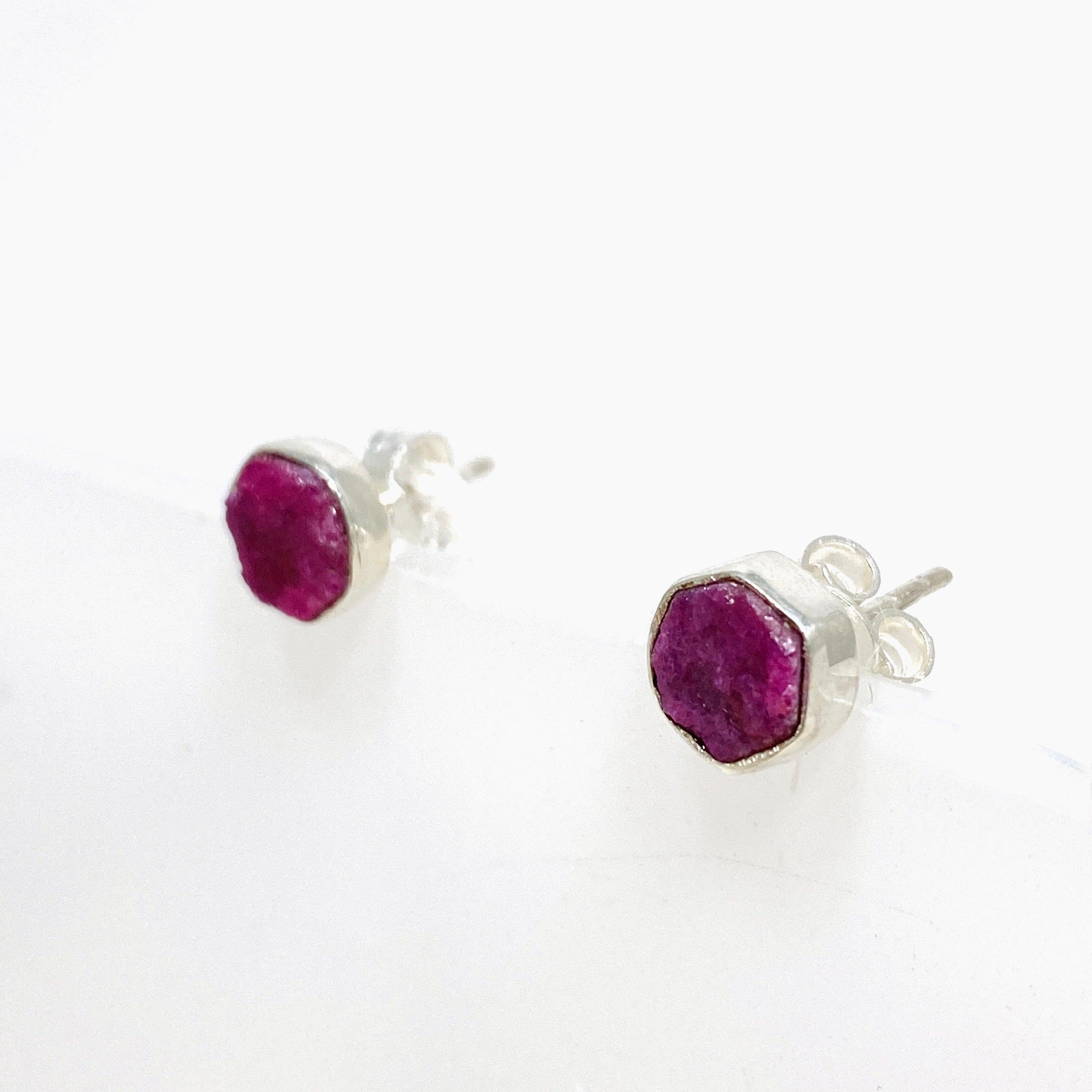 Natural Raw Ruby Hexagonal Stud Earrings - 925 Sterling Silver Handmade Jewelry for Women - Perfect for Daily Wear, Gifts & Special Occasions