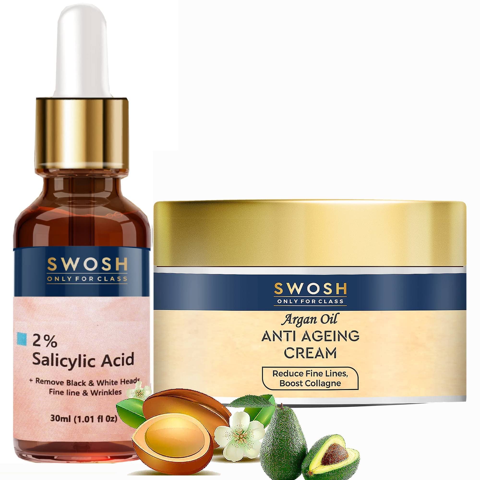 SWOSH Anti-Aging Skincare Set - Day & Night Face Cream (50g) with 2% Salicylic Acid Serum (30ml) | Reduces Wrinkles, Fine Lines | Contains Glycerin & Aloe Vera | Perfect for Daily Hydration & Acne Treatment - Morning & Night Routine