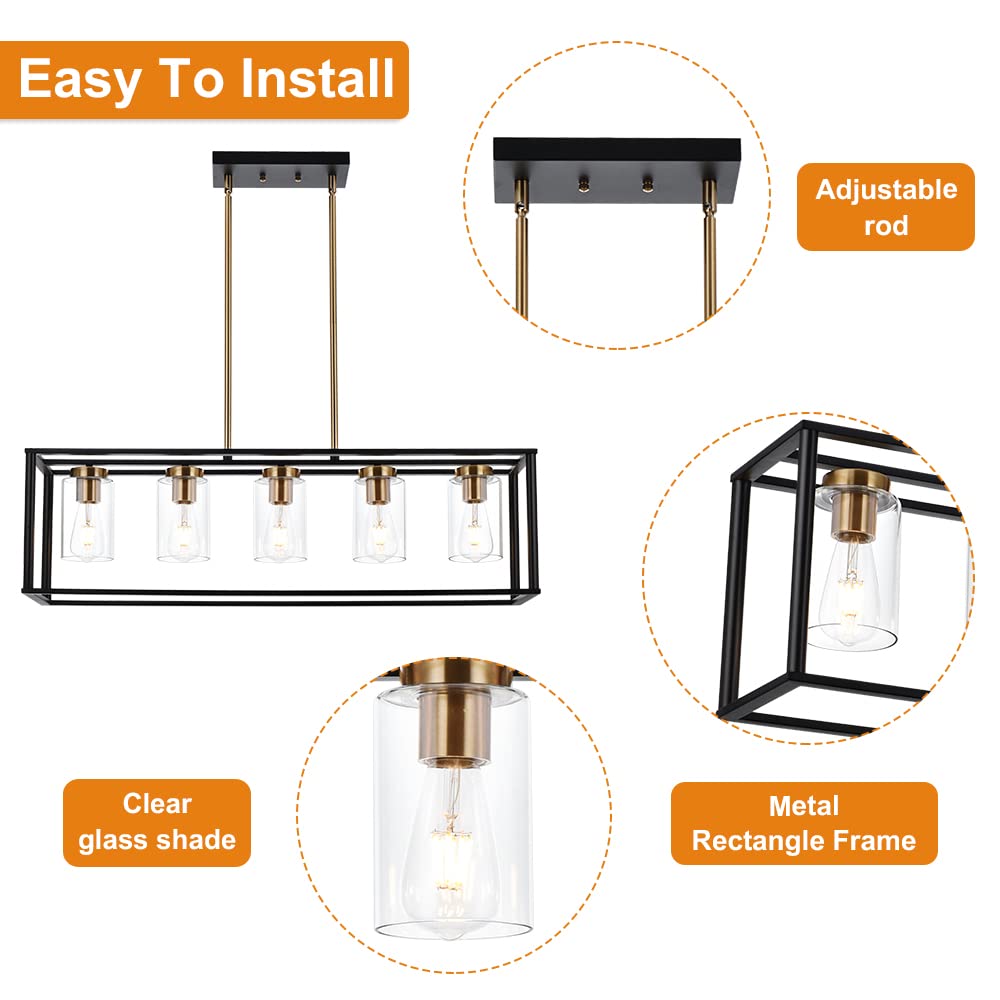 VINLUZ 5-Light Farmhouse Chandelier with Clear Glass Shade - Black & Brushed Brass Rectangular Pendant Light for Kitchen Island, Dining Room, and Industrial Ceiling Lighting | Perfect for Modern Farmhouse, Rustic, and Industrial Style Home Decor
