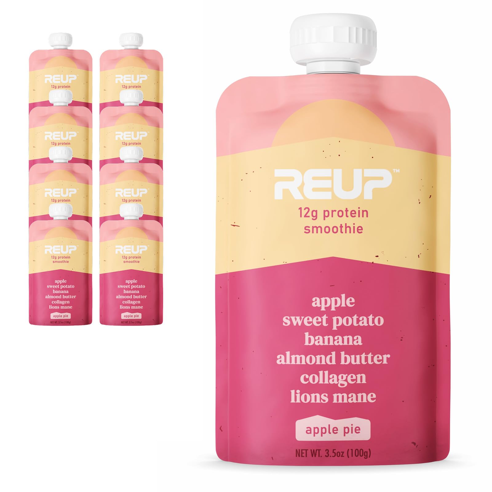 Reup Collagen Protein Smoothie Pack - 12g Protein & 10g Collagen per Serving, Dairy-Free Ready-to-Drink Protein Shakes for Adults - High Protein Snack Pouch, Healthy On-the-Go Nutrition for Workouts, Office & Active Lifestyle (8 Count)