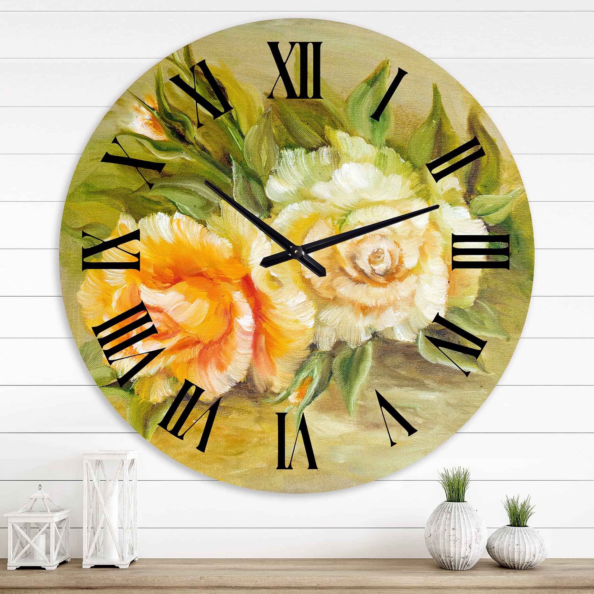 Vintage White and Yellow Roses Wall Clock - Large Floral Botanical Wall Clock for Home, Office, Living Room Decor | Perfect for Farmhouse, Bedroom, Kitchen & Gift Giving