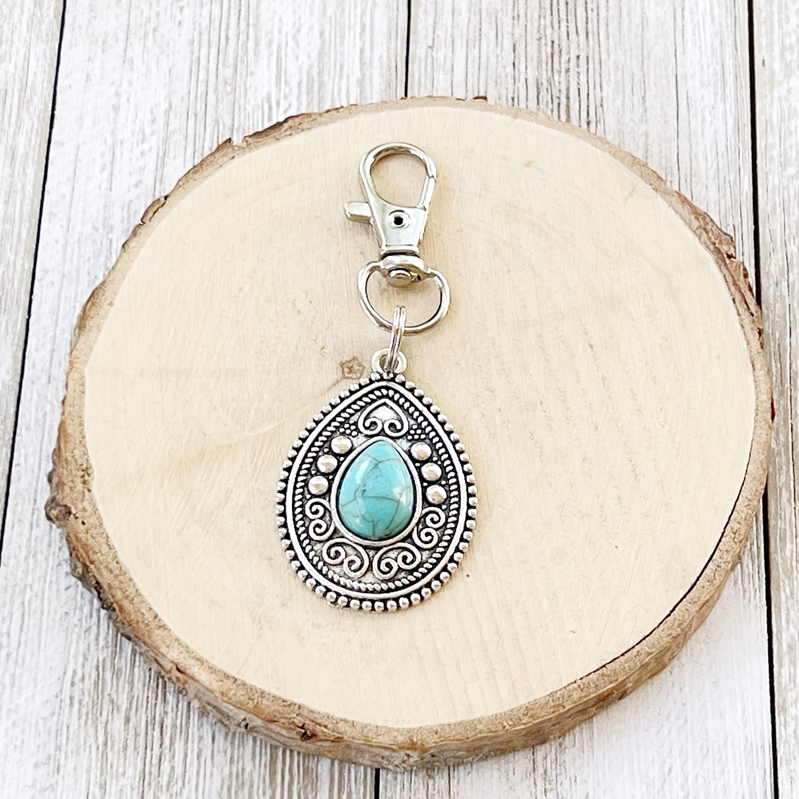 Silver Boho Western Medallion Turquoise Zipper Pull - Handmade Custom Zipper Charms for Backpacks, Purses & Camera Bags | Unique Handbag Jewelry & Cool Keychain Accessories | Perfect for Boho Style Lovers & Western Fashion Enthusiasts