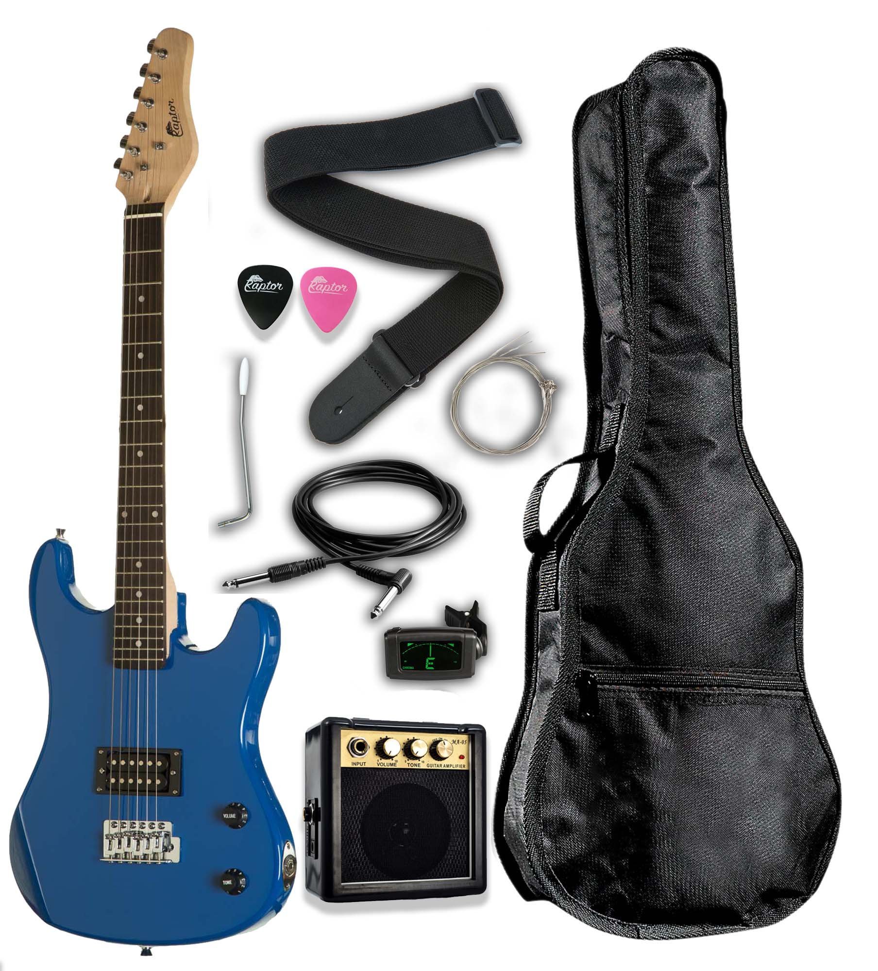 Raptor EP36-BU 3/4 Scale Kids Electric Guitar Starter Pack with 3W Amp, Digital Tuner, Gig Bag & Accessories - Perfect for Beginners, Practice & Home Learning (Blue)