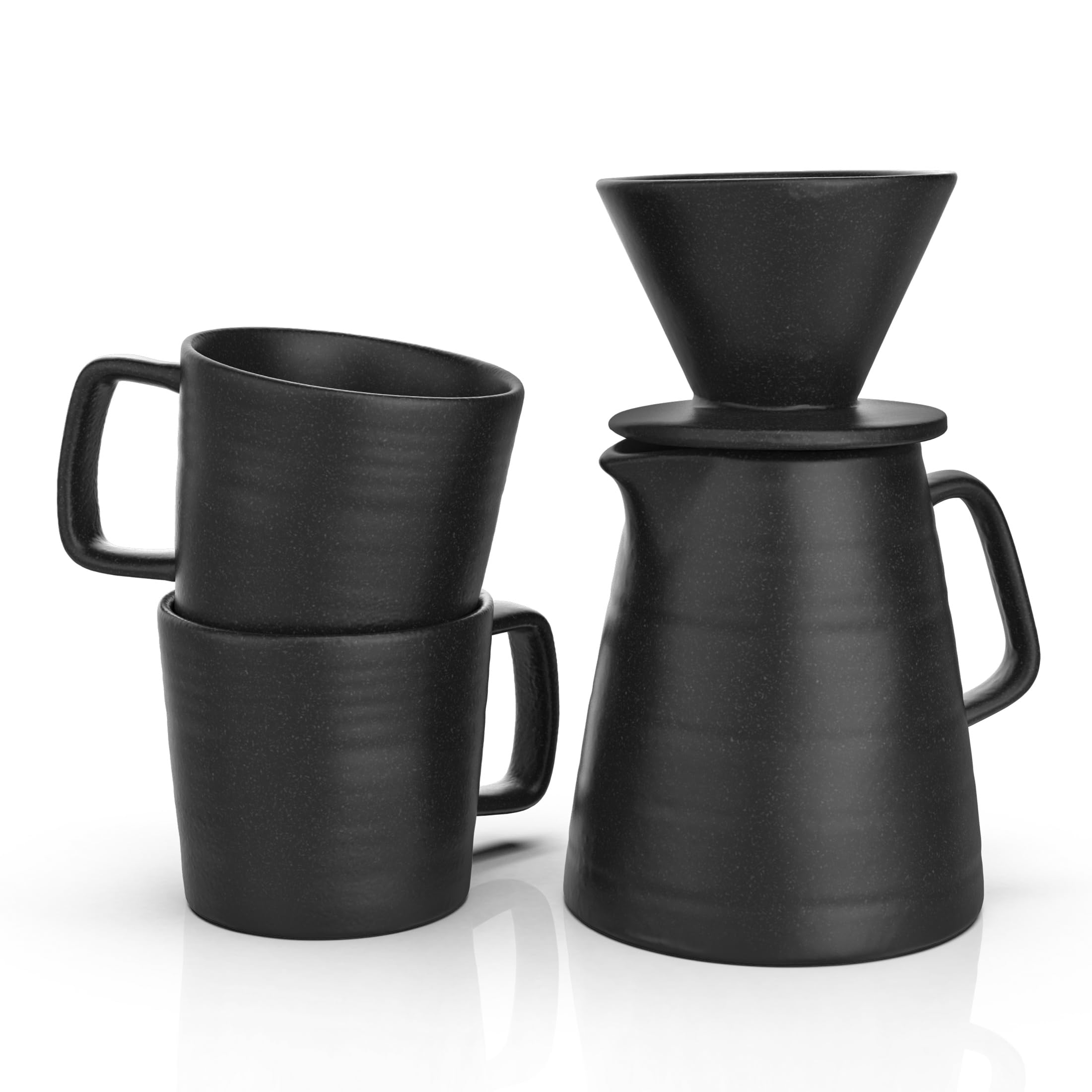 Premium Pour Over Coffee Maker Set with 2 Glass Mugs - Manual Non-Electric Drip Coffee Brewer - Dishwasher & Microwave Safe - Perfect for Home, Office & Camping (Black)