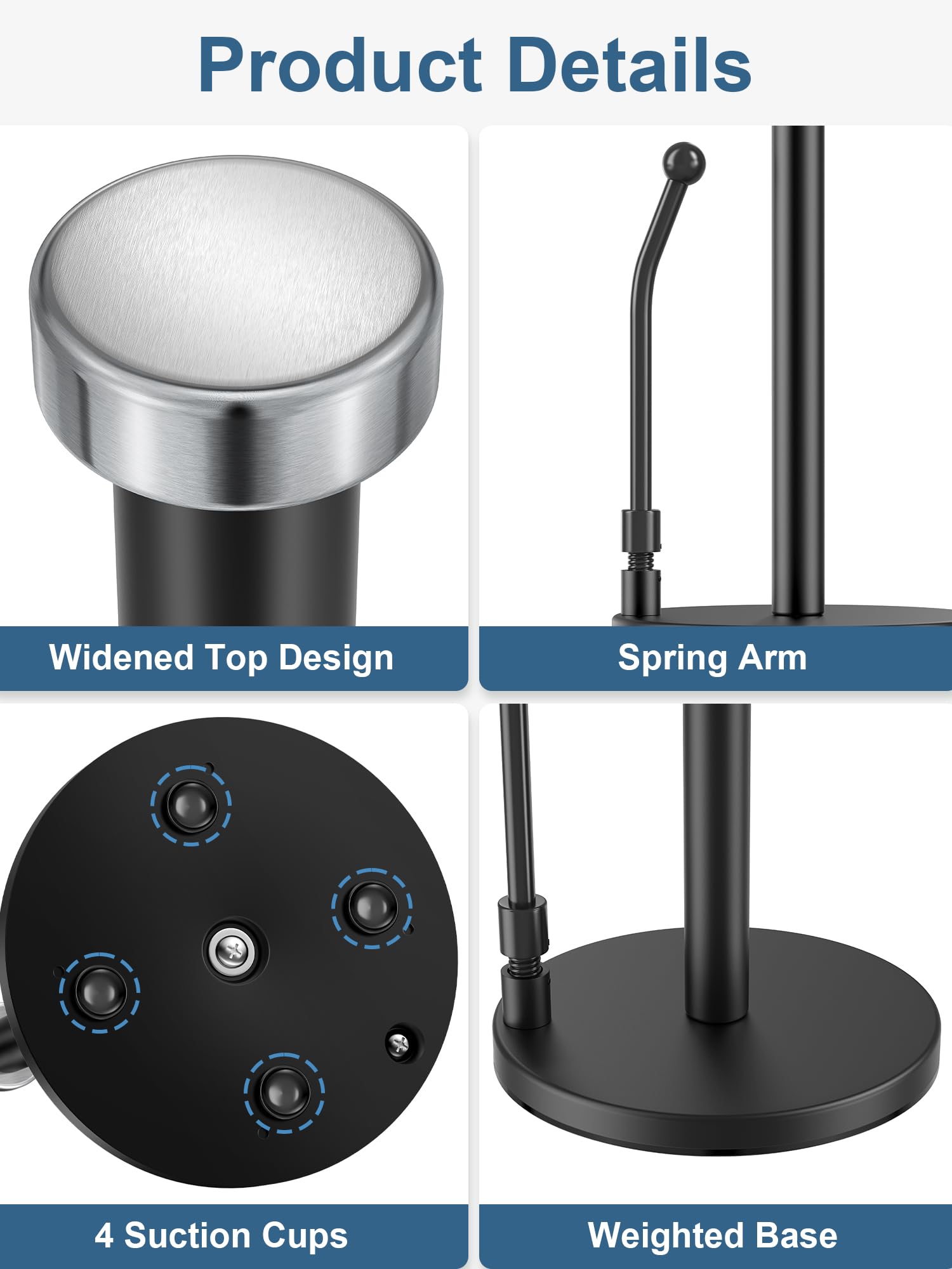 SMARTAKE Stainless Steel Paper Towel Holder with Weighted Non-Slip Base - Spring Arm Fits Most Paper Roll Sizes - Perfect for Kitchen Countertop, Dining Table & Office Break Room (Black)