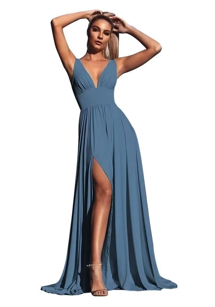 Elegant V-Neck Satin Bridesmaid Dresses for Wedding | Long A-Line Formal Prom Gowns with Slit | Women's Evening Party & Special Occasion Wear
