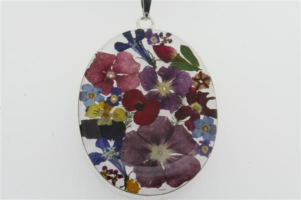 Handmade Flower Resin Pendant Necklace - Oval Shape on Black Silk Cord - Perfect for Boho Jewelry, Gift Giving & Special Occasions