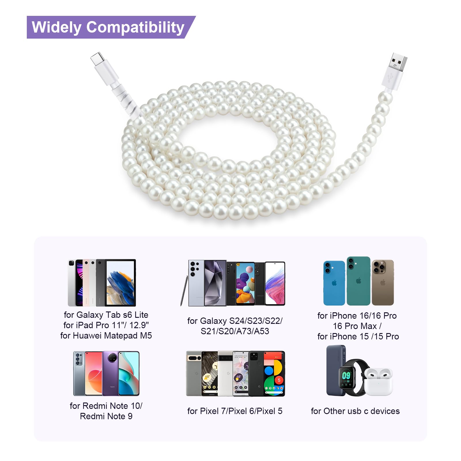 Aolcev 6.6FT USB C to USB A Fast Charging Cable 66W - 2M Long Beaded Pearl Phone Charger Cord for iPhone 16 Pro/15 Pro Max, Galaxy S25/S24, iPad - Perfect for Home, Office & Travel (White)