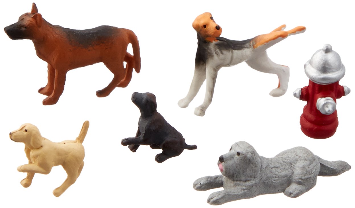 Bachmann Trains O Scale Model Figures - 6pcs Dogs with Fire Hydrant Set for Train Scenery & Diorama Displays - Realistic Miniature Scene Accessories