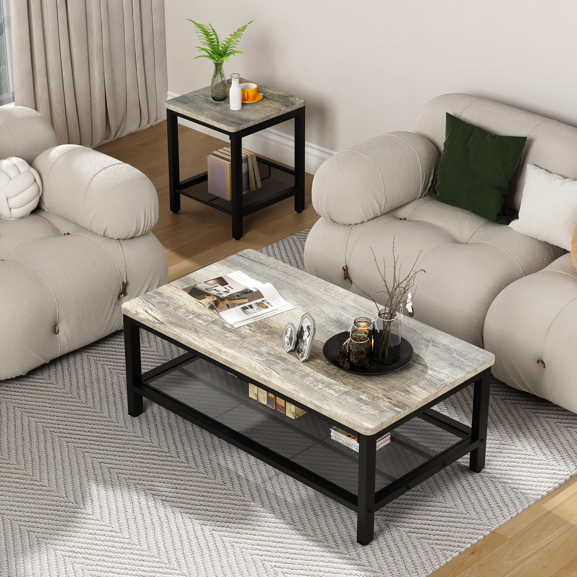 AWQM 3-Piece Industrial Coffee Table Set with 2 Square End Tables - Modern Metal Frame Living Room Furniture for Apartment & Home Office - Grey - Perfect for Small Spaces, Entertaining Guests & Cozy Nights